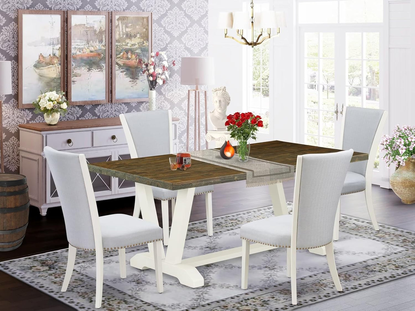 East West Furniture X077VE005-5 5 Piece Dining Room Table Set Includes a Rectangle Kitchen Table with X-Legs and 4 Grey Linen Fabric Parson Dining Chairs, 40x72 Inch, Multi-Color