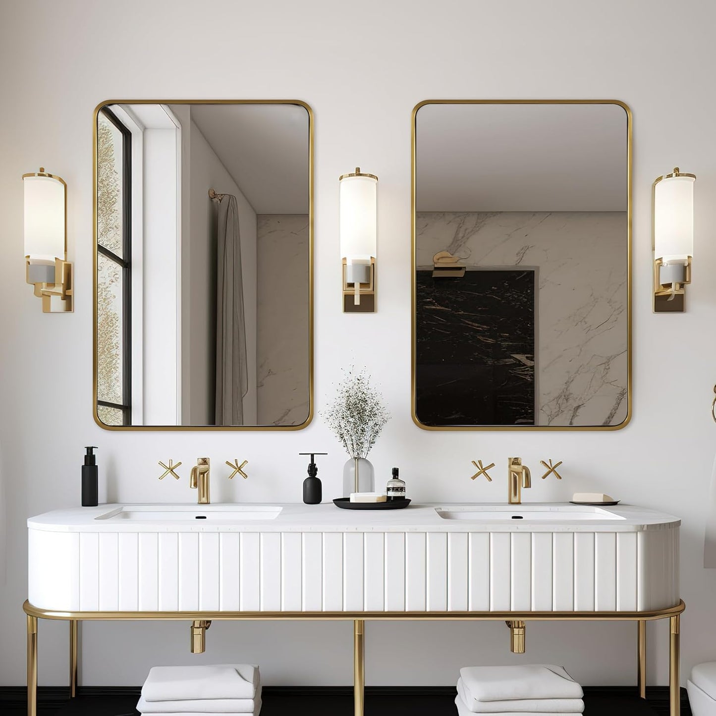 ANDY STAR 48x32 Inch Gold Bathroom Mirror, Brushed Gold Mirrors for Wall in Anti-Rust SUS304 Tube Metal Frame, Rounded Rectangle Mirrors 1’’ Deep Wall Mounted Vertically/Horizontal for Bathroom