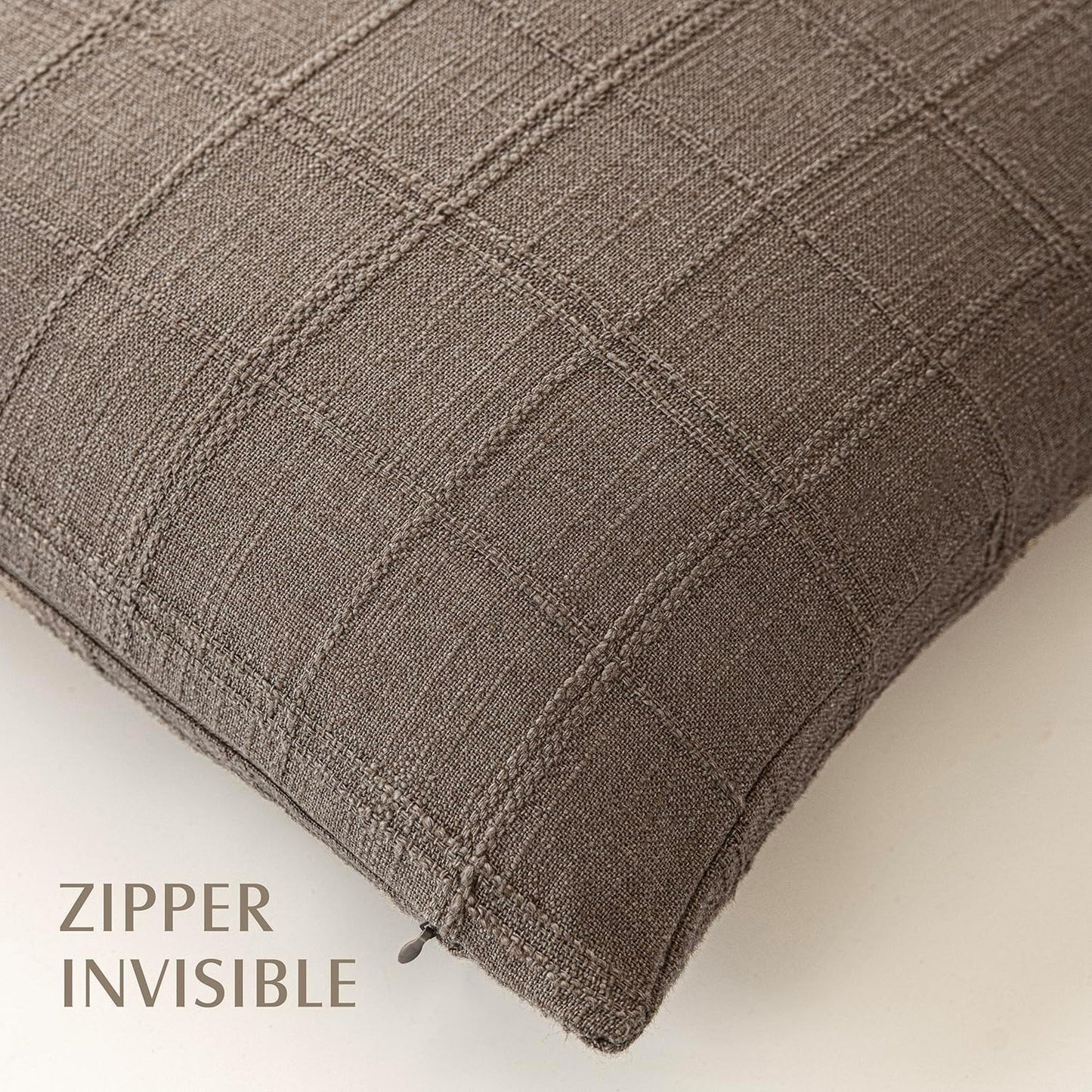 Foindtower Set of 2 Decorative Linen Check Throw Pillow Covers Neutral Farmhouse Vintage Cushion Covers Modern Boho Home Decor for Sofa Chair Couch Bedroom Living Room Outdoor,18×18 Inch,Taupe Grey