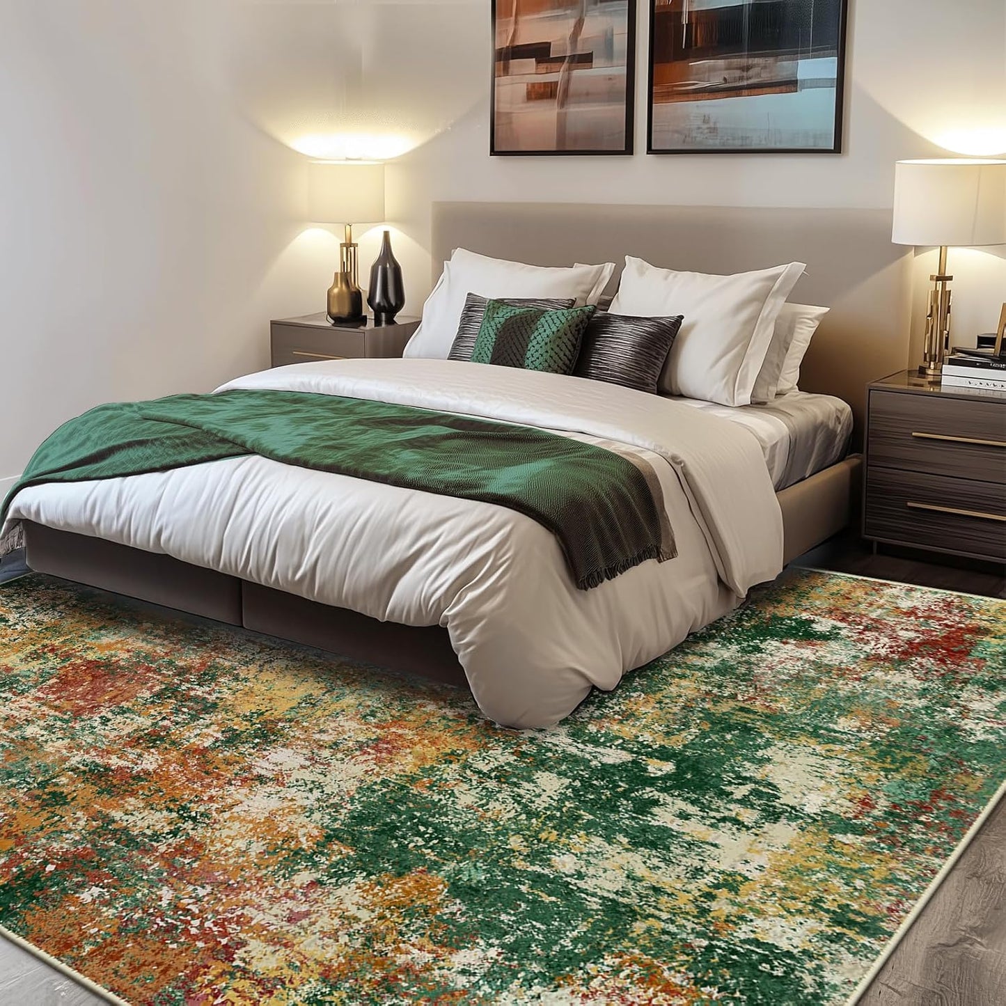 Washable Area Rugs 5'x7' Non-Slip Modern Abstract Soft for Living Room Entryway Bedroom Nursery, Print Pattern, Green Orange Rust Red Cream Colorful