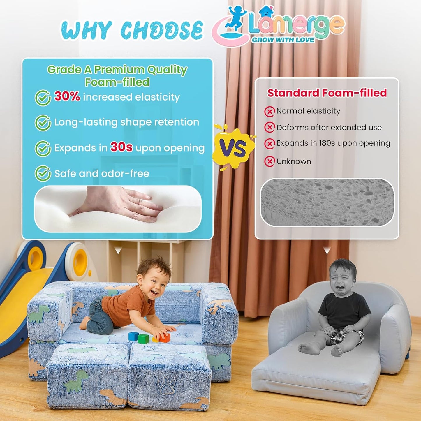 Lamerge Toddler Couch Glow in The Dark Toddler Fold Out Couch for playroom, Convertible Baby Fold Out Play Foam and Floor Cushion for Bedroom (Blue+Dinosaur)