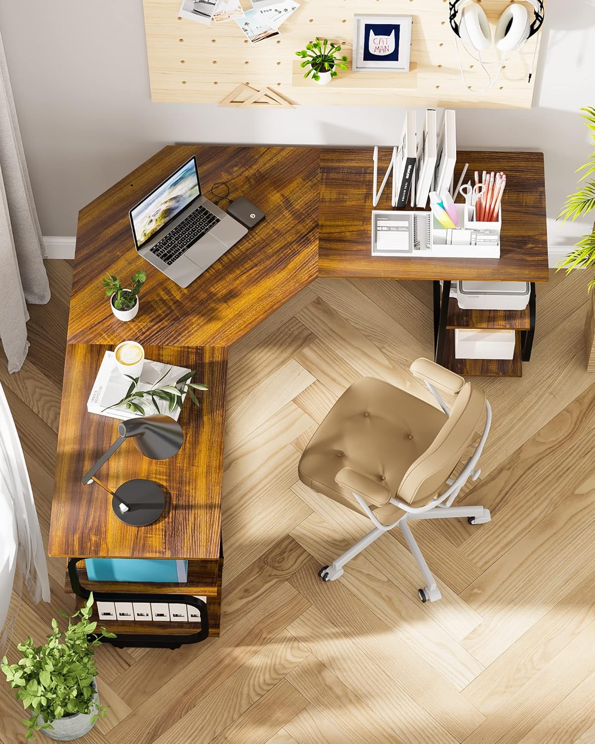 Teraves Modern L Shaped Desk with Shelves,64.84" Computer/Gaming Desk for Home Office,Corner Desk with Desktop (Teak+Black Frame, Large+4 Tier Shelves)