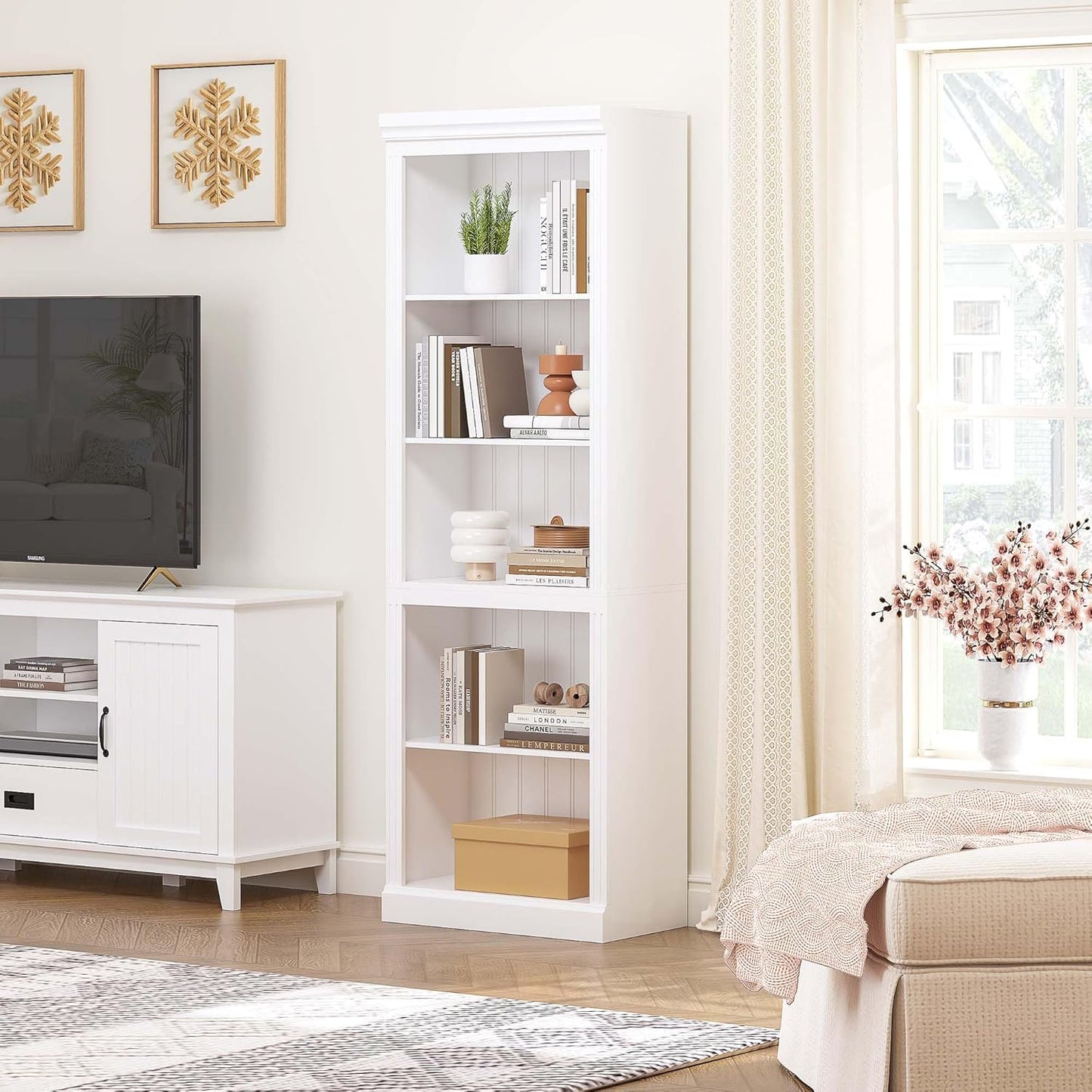 Spirich 5 Tier White Bookshelf, Tall Bookshelf with Storage, Open Wooden Book Shelf, Modern Large Bookcase for Living Room, Home Office, Dinning Room