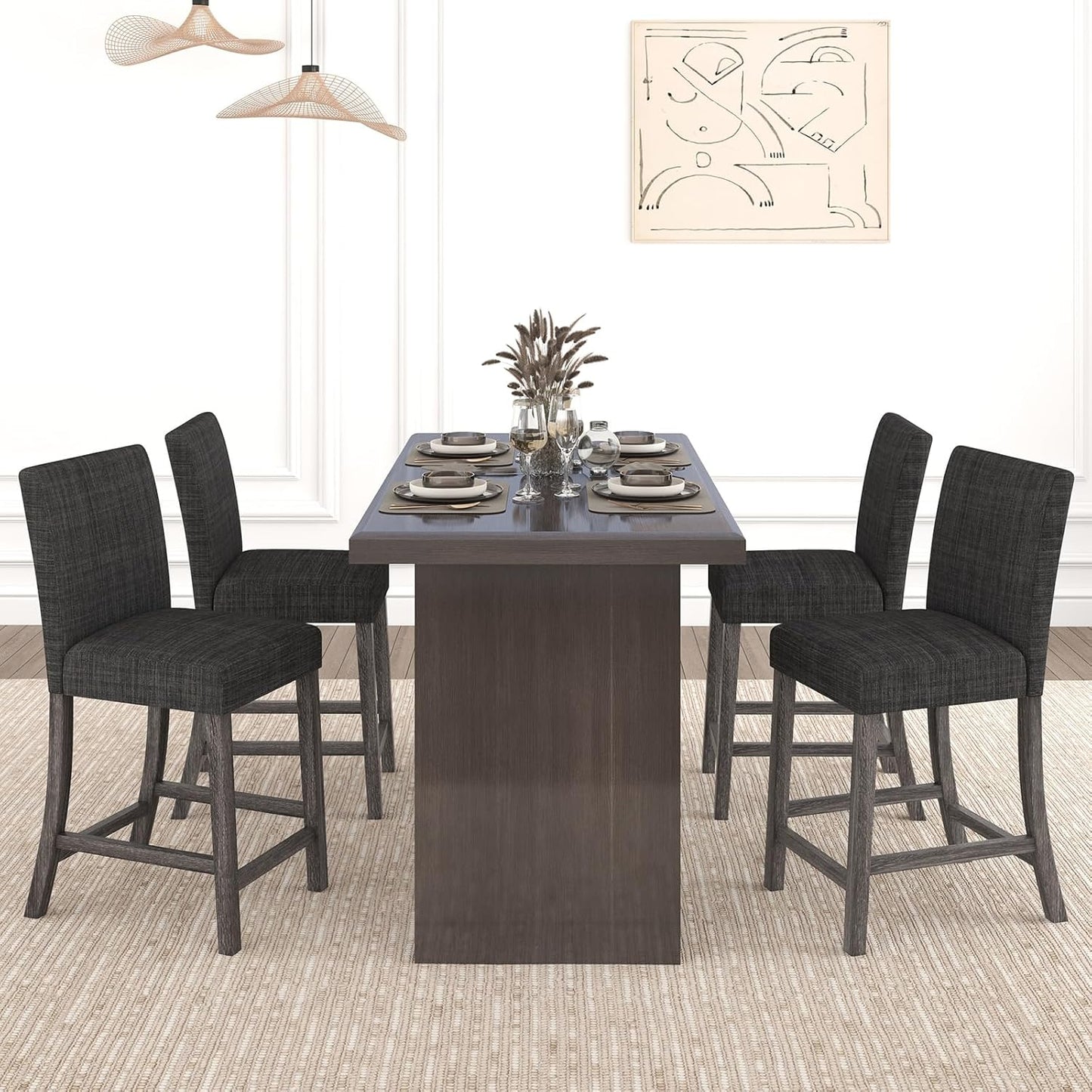 COSTWAY Upholstered Counter Height Stools Set of 4, Bar Stools w/Ergonomic Backrest, Solid Wood Frame, 24.5” Fabric Counter Height Chairs for Kitchen Island, Dining Room, Pub (Grey)