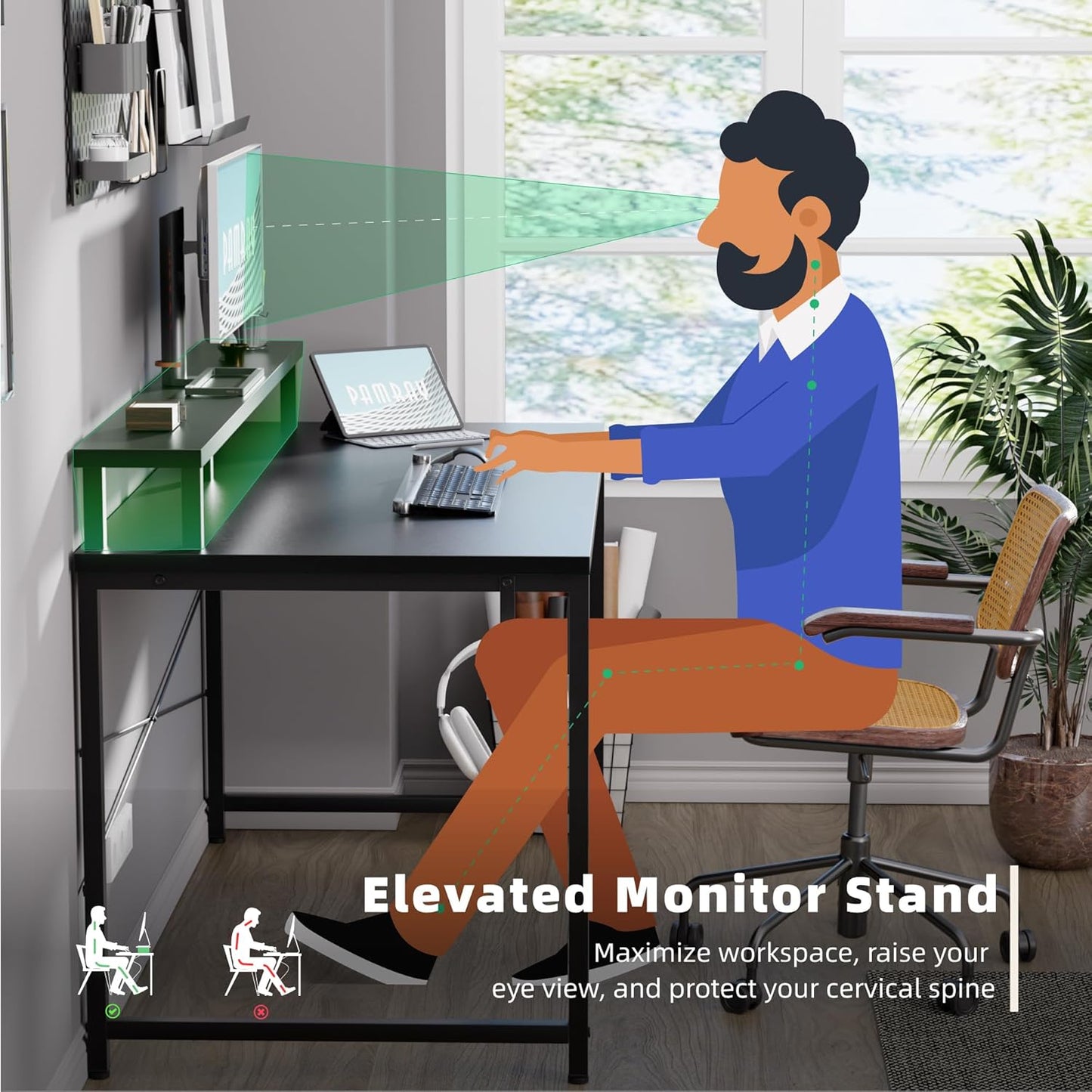 Pamray 47 Inch Small Computer Desk with Monitor Stand, Simple Office Desk with Headphone Hook for Small Spaces, Kids Study Writing Table for Bedroom, Pink