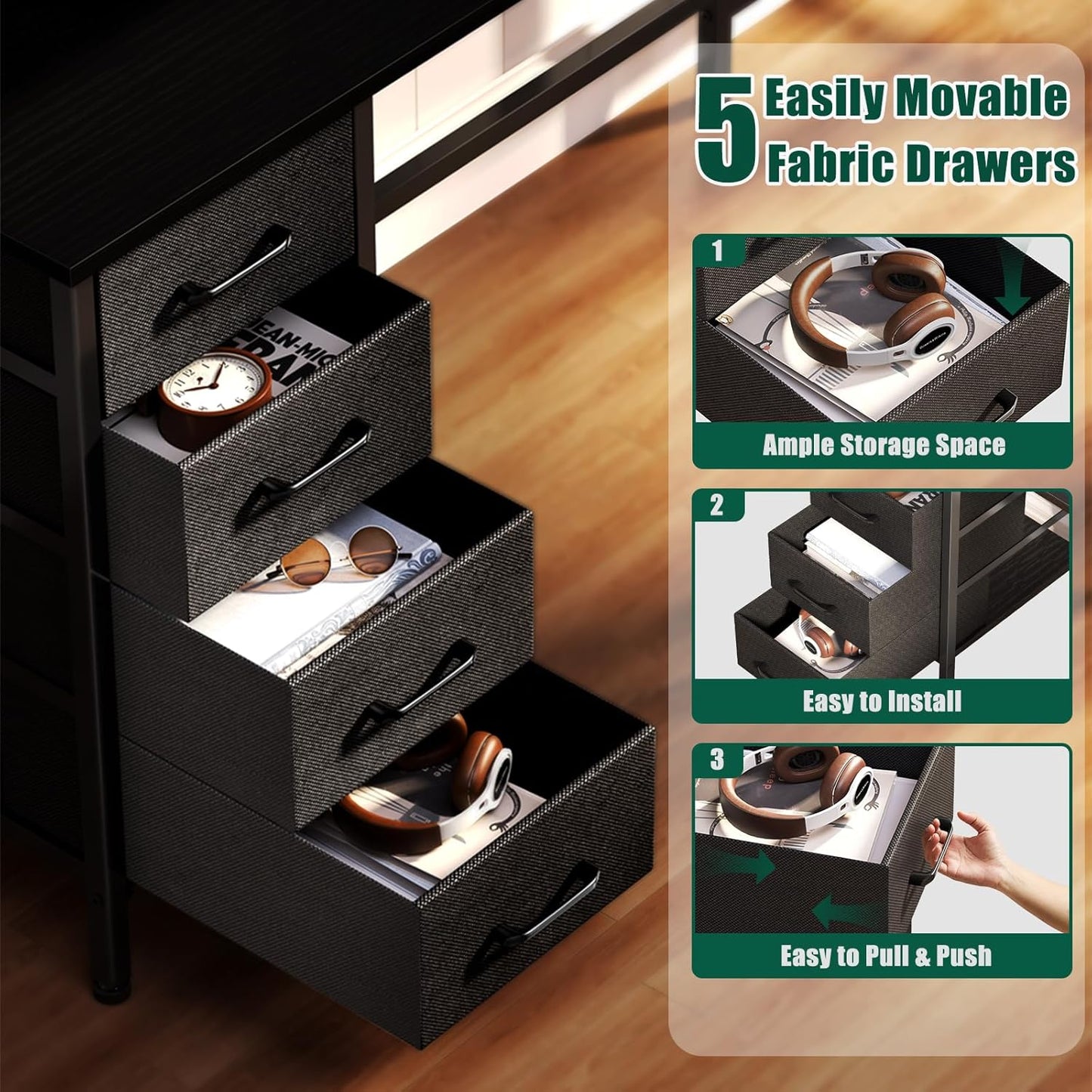 55 Inch Computer Gaming Desk with Power Outlets LED Lights, Reversible Home Office Desk with Adjustable Fabric Drawers for Working Writing Study, Black Oak