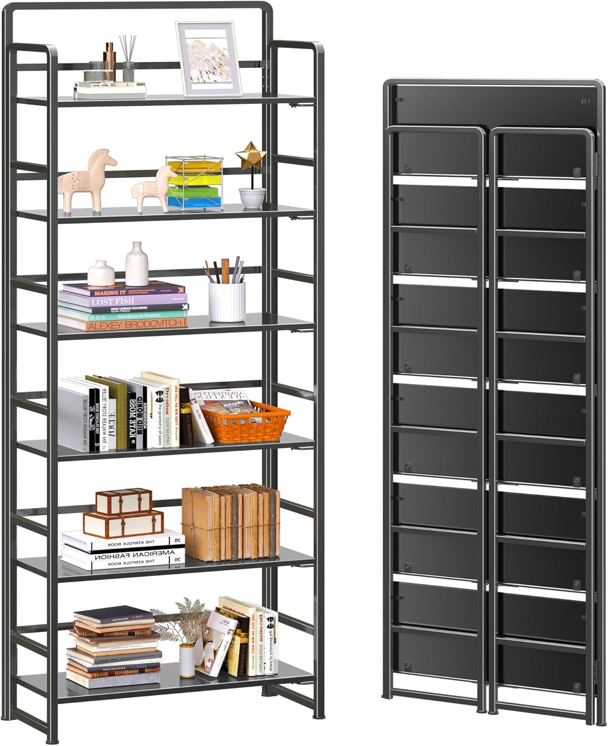 4NM No-Assembly 6 Tiers Folding Bookshelf Storage Shelves Vintage Bookcase Standing Racks Study Organizer Home Office (All Black)