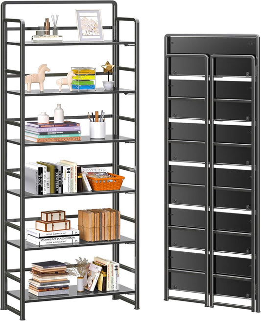 4NM No-Assembly 6 Tiers Folding Bookshelf Storage Shelves Vintage Bookcase Standing Racks Study Organizer Home Office (All Black)