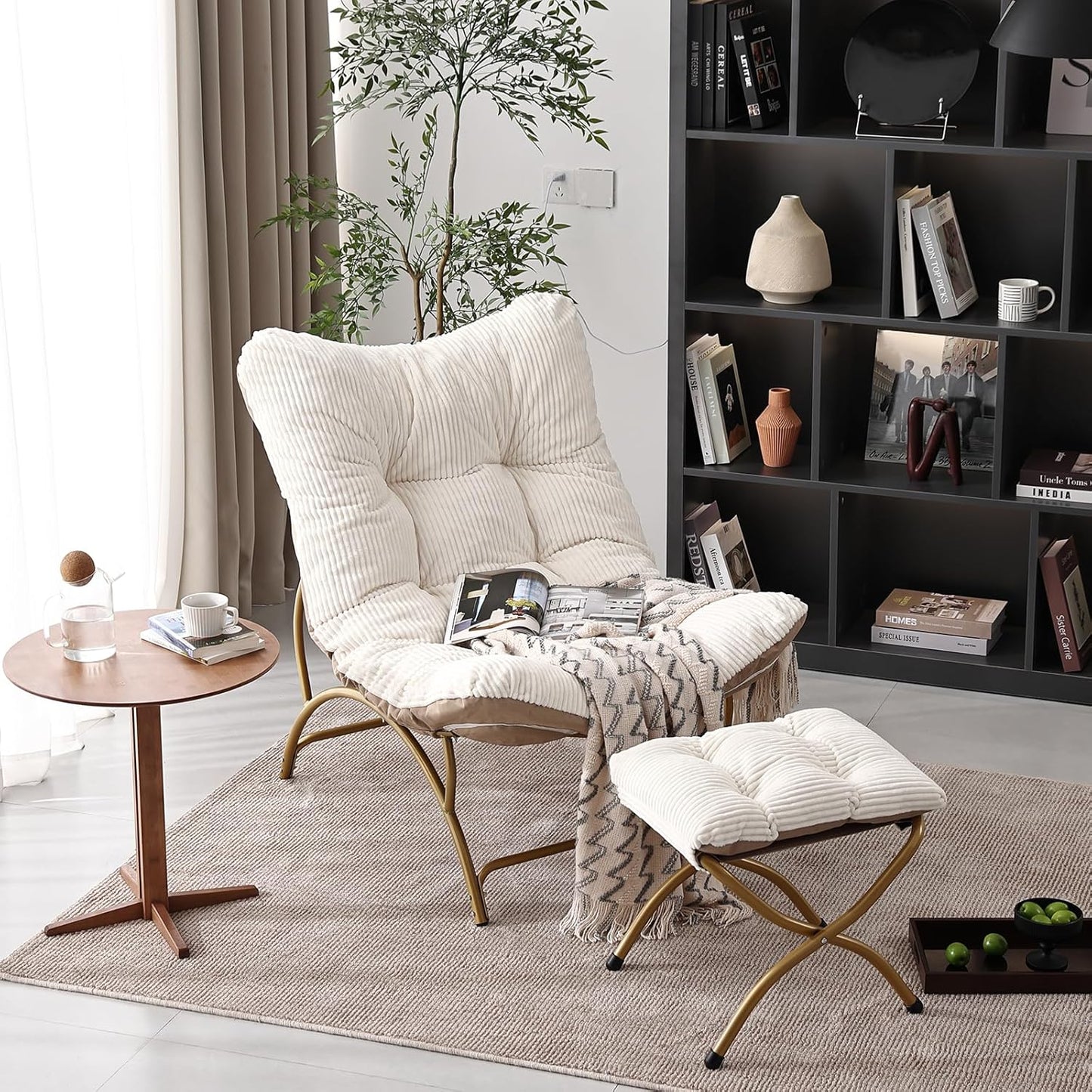 Welnow Accent Chair with Ottoman, Lounge Comfy Soft Leisure Metal Frame Reading Chair with Footrest, Upholstered Thick Cushion Seated Recliner Sofa for Living Room, Bedroom, Dorm, Beige