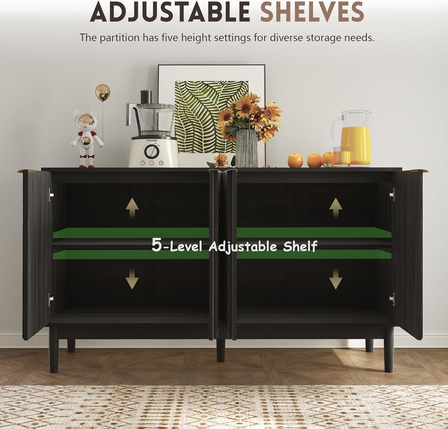 Fluted Cabinet with Storage, Small Buffet Cabinet Sideborad with Door, Kitchen Buffet Storage Accent Cabinets with Adjustable Shelves for Living Room, Entry, Hallway,Black