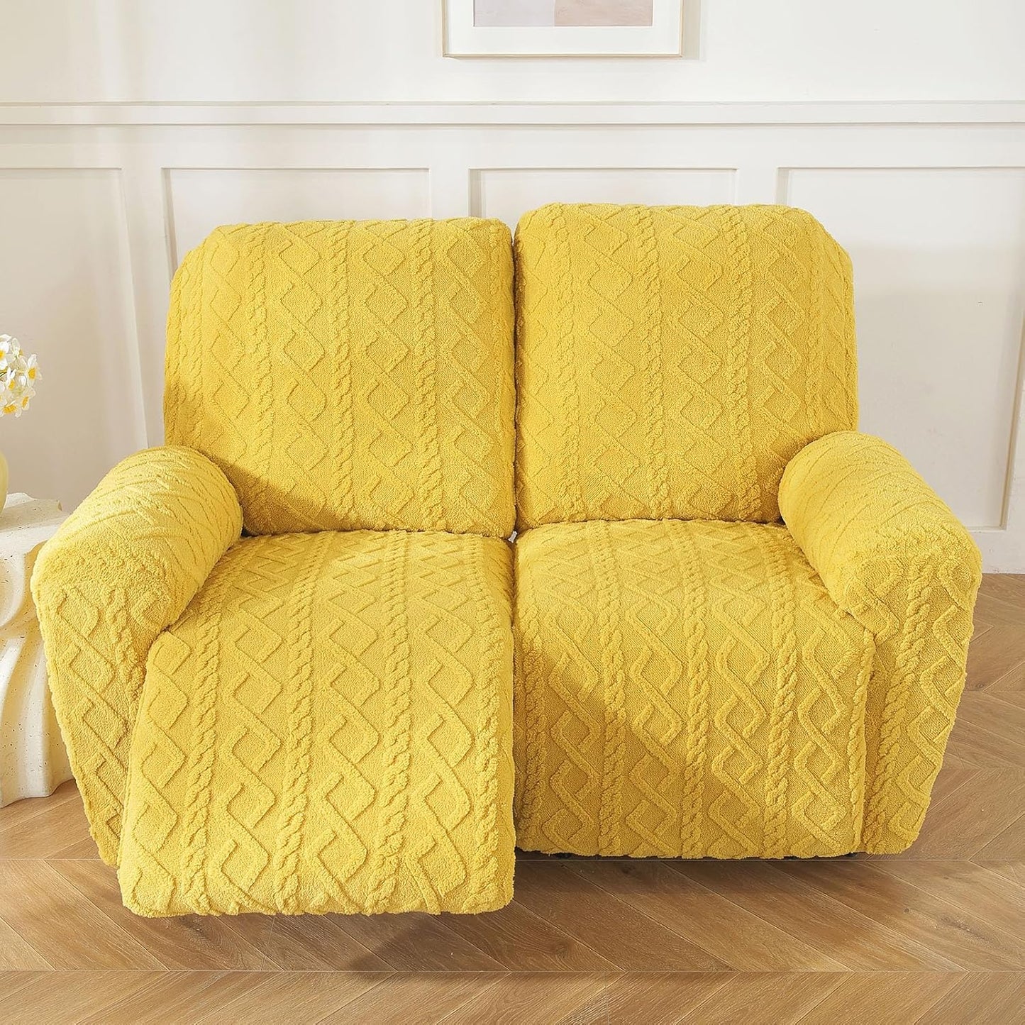 vctops 6 Pieces Geometric Jacquard Plush Recliner Loveseat Slipcovers Soft Fuzzy Fluffy Sofa Couch Cover Anti-Slip Furniture Protector with Elastic Bottom for Kids Cats Dogs(Yellow,2 Seat)