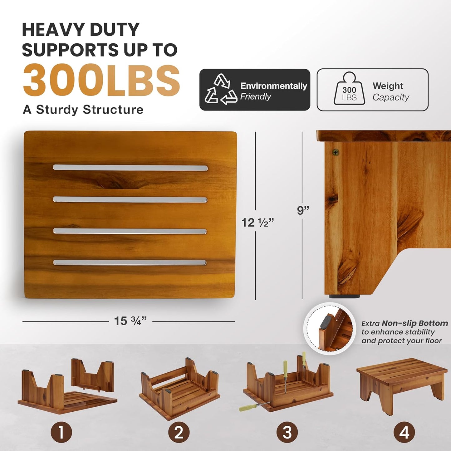 Holana 9" Acacia Wood One Step Stool for Adults - 300 Lbs Wooden Step Stools Heavy Duty for High Bed Riser, Bathroom, Bedroom - Small Stepping Stool for Elderly, Seniors, Kids, Handicap Use Indoor