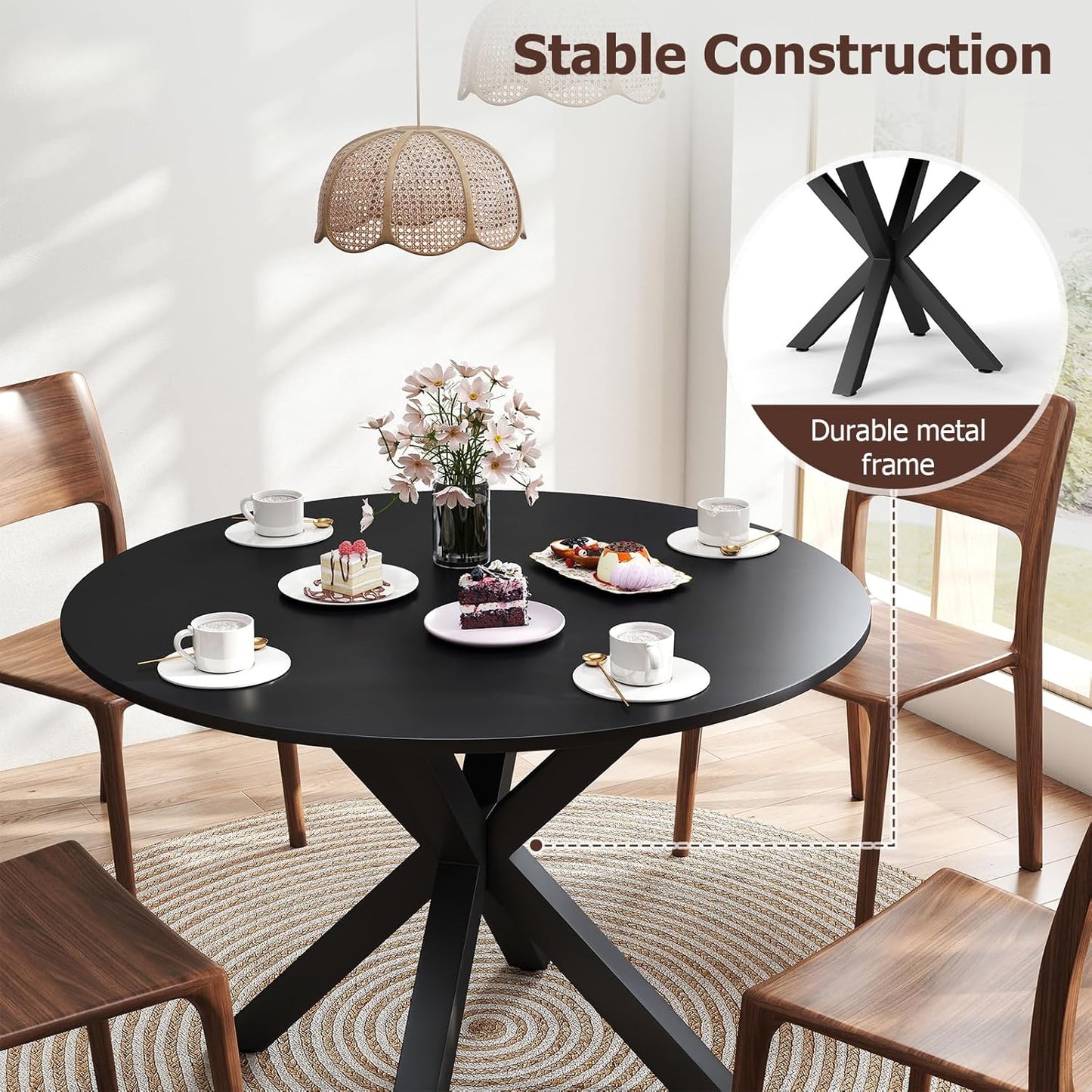 Round Dining Table, 42" Kitchen Dining Table for 4-6, Small Round Table with Metal Cross Legs, Modern Round Dining Room Table for Kitchen, Apartment, Living Room, Black