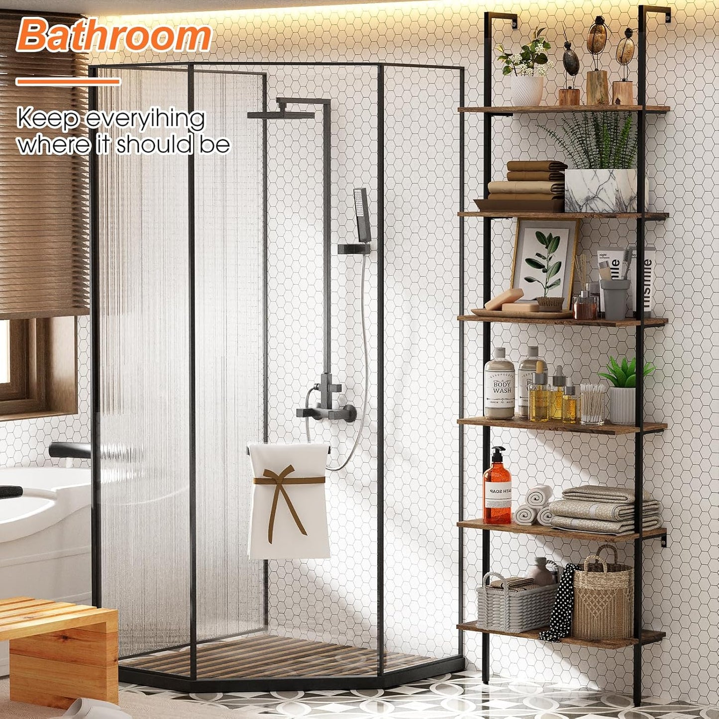 Bookcase Rustic Brown 6 Tiers Modern Bookshelf Room Organizer Open Tall Wall Mount Bookcase Standing Leaning Wall Shelves Industrial Decorative Living Room Bed Room (Rustic Brown)