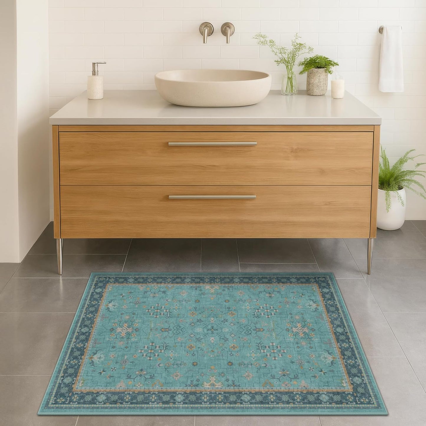 2x3 Washable Teal Rug for Entryway Indoor, Kitchen Floor Waterproof, Bathroom, Powder Room, Non Slip Low Pile Stain & Fade Resistant, Modern Turquoise Aqua Décor
