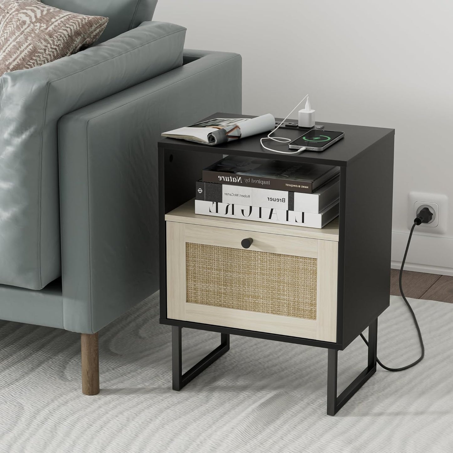 Masupu Boho Night Stand, Small Rattan Side Table, Wood Nightstand with Drawer and Charging Station, Bedside Table with White Shelf, End Table for Bedroom,Living Room,Office (Black Mix White)