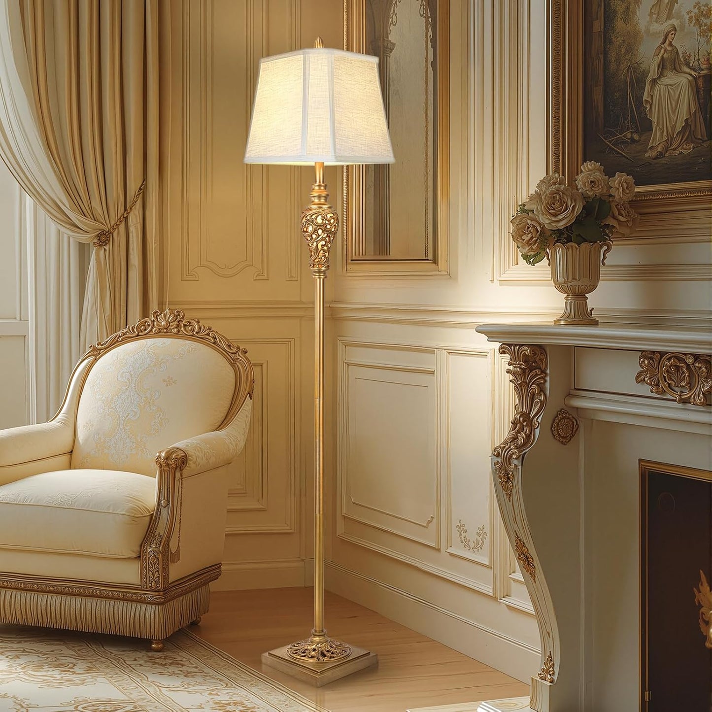 Vintage Farmhouse Floor Lamp with Nightlight, 65" Tall Standing Lamp with White Linen Fabric Shade, Antique Gold Finish, Elegant Reading Corner Light for Living Room, Bedroom, Office (Bulb Included)