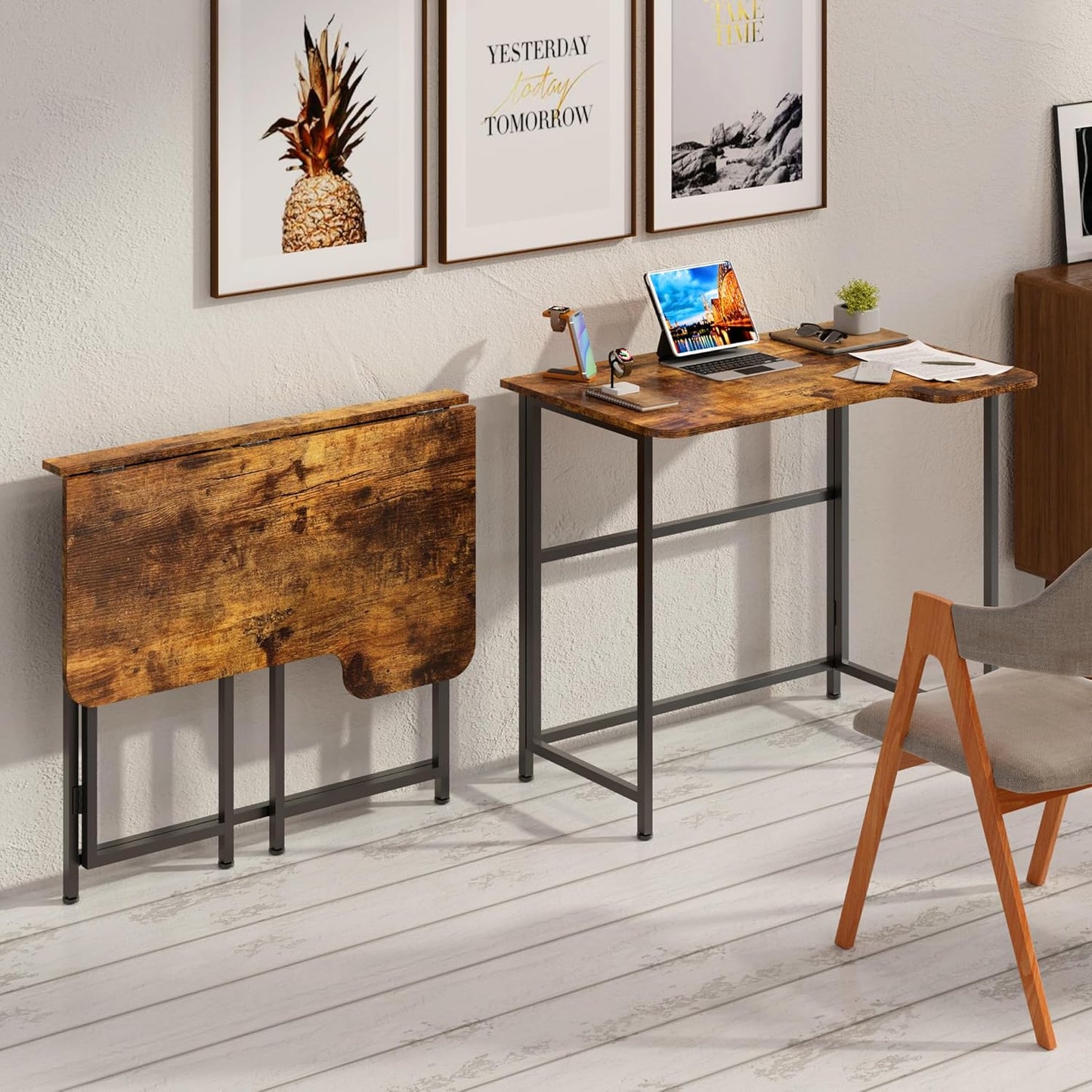 4NM Folding Desk, 35.4 Inch Small Foldable L Desk for Small Spaces, Space Saving Computer Table Writing for Home Office Bedroom, Easy Assembly, Rustic Brown