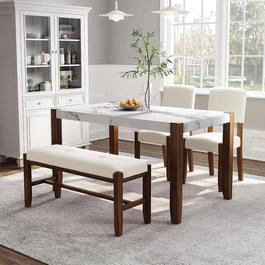 Ball & Cast 4-Piece Dining Furniture Set with 2 Upholstered Chairs & 1 Bench,Dining Table Set for 4 W/ 46" Faux Marble Style Table,for Restaurant,Home Bistro,Off White