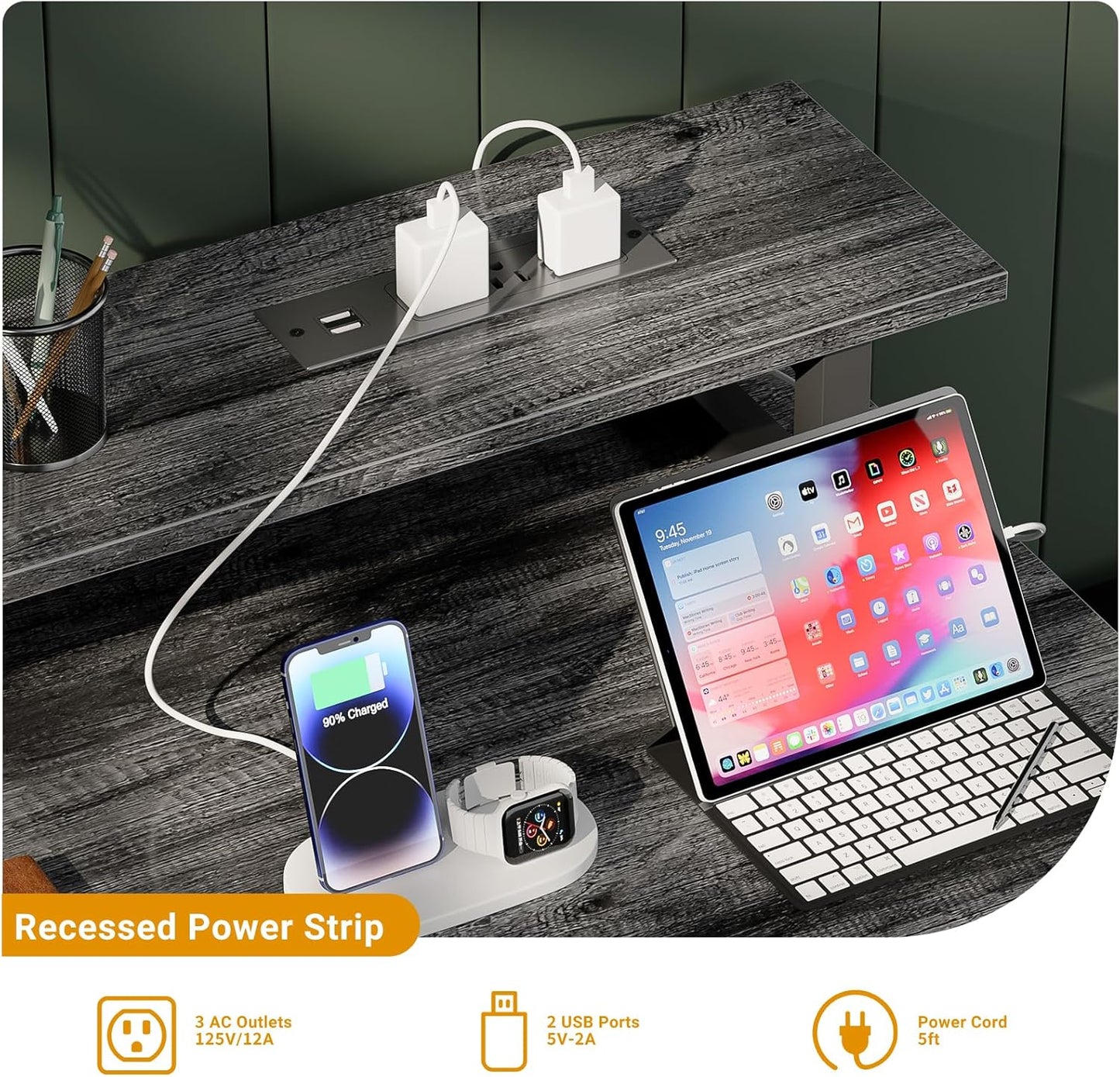 47 inch Computer Desk with Power Outlets, Gaming Desk with LED Lights, Home Office Work Desk with Monitor Shelf, Modern Office Desk Study Writing Table for Small Spaces, Black Oak