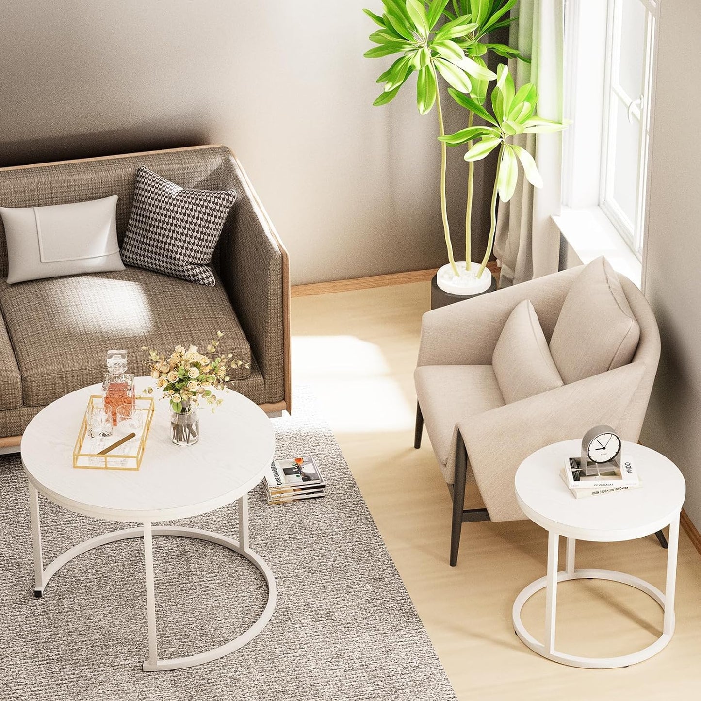 Garden 4 you Nesting Coffee Table, 23.6" Round Coffee Table Set of 2, Wooden Nesting Table Set with Metal Frame, Side Tables for Living Room Bedroom Balcony, White