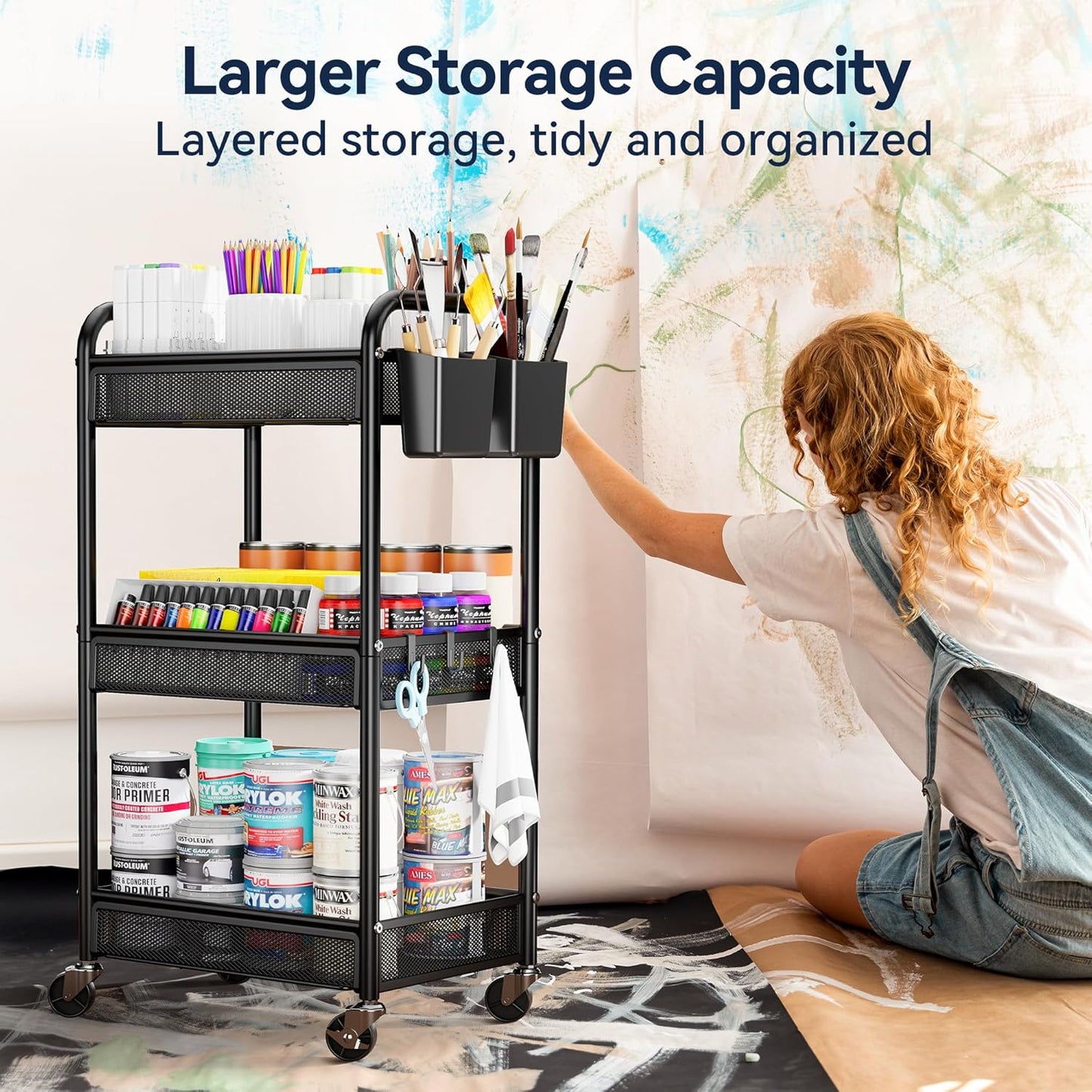 YASONIC 3 Tier Rolling Cart – Metal Utility Storage Cart with Wheels, Craft Cart Organizer with Hanging Cups, Hooks, Mesh Basket for Bedside Kitchen Office Art, Black