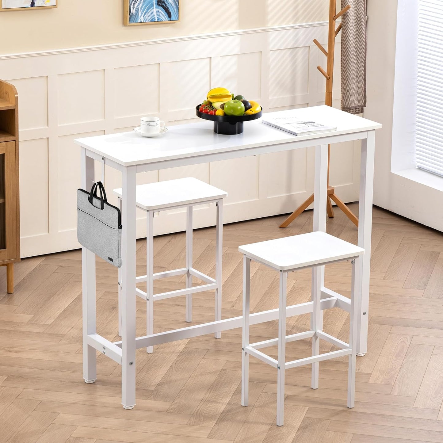 Finnhomy 47" Industrial Bar Table Set with 2 Stools - Counter Height Dining & Pub Table for Small Spaces, Kitchen, Apartment, Breakfast Nook - Metal & Wood, Space-Saving Furniture - White