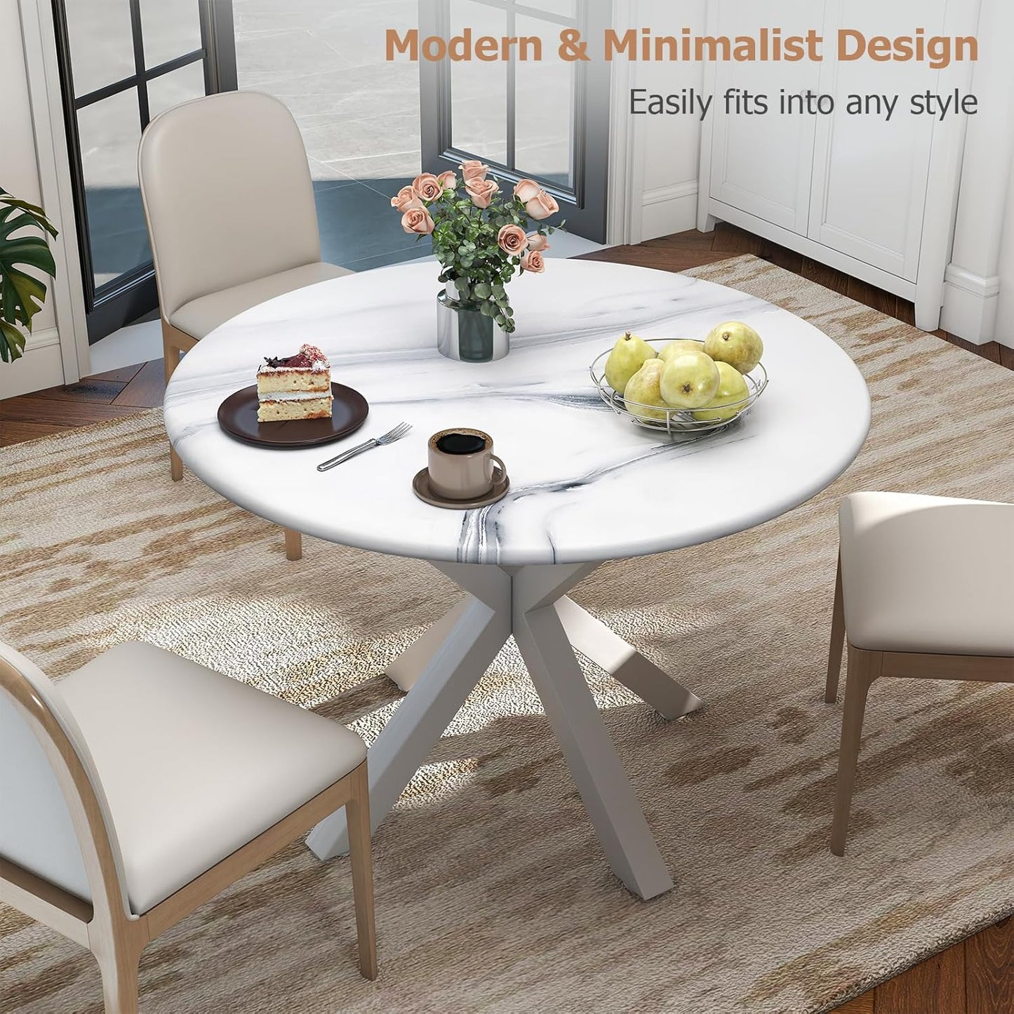 Round Dining Table, 42" Kitchen Dining Table for 4-6, Small Round Table with Metal Cross Legs, Modern Round Dining Room Table for Kitchen, Apartment, Living Room, White Marble