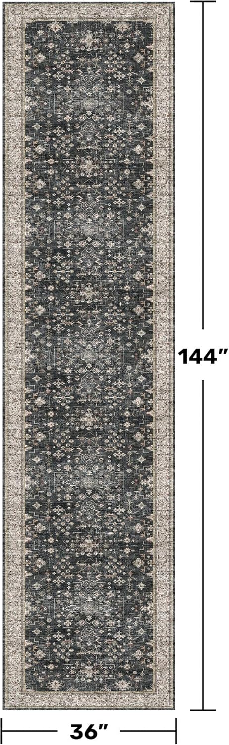 Black Boho Washable 3x12 Extra Long Runner Rug for Hallway, Waterproof Large Kitchen Floor Rug, Non-Slip Stain & Fade Resistant, Vintage Floral Decor
