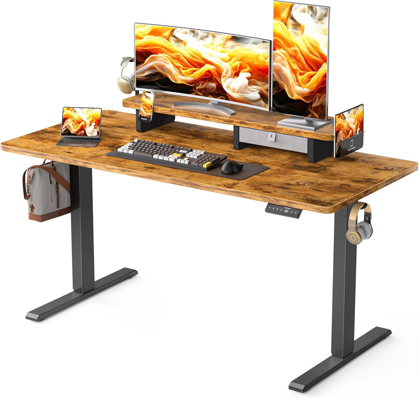 55x24 Inches Electric Standing Desk with Drawer and Monitor Stand, Height Adjustable Stand up Desk for Home Office, Ergonomic Sit to Stand Desk with Phone Holder, 3 Hooks, Rustic Brown
