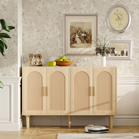 Buffet Cabinet with Storage, KitchenSideboard Cabinet with 4 Rattan Decorated Doors,Modern Accent Credenza Rattan Cabinet for Entryway,Natural