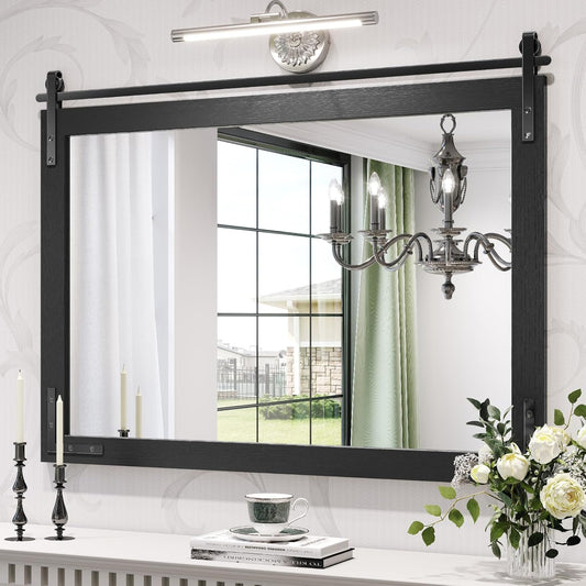 Farmhouse Mirror 40x30 Inch, Black Rustic Bathroom Mirror Vanity, Wood Framed Rectangular Wall Decorative Mirrors for Entryway, Living Room, Bedroom