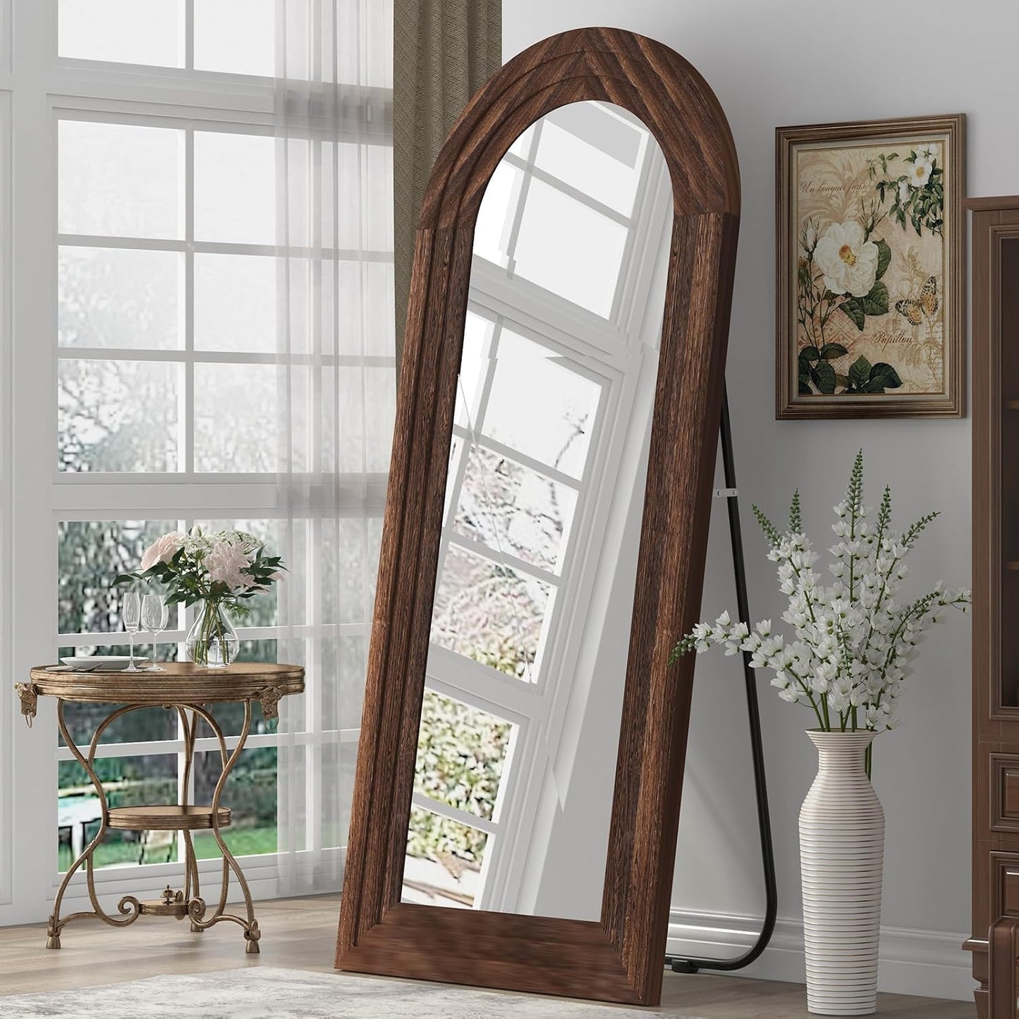 Arched Full Length Mirror with Solid Wood Frame, 65x22 Farmhouse Wall Mounted Floor Mirror with Stand, Vertical Hanging, Leaning Standing for Bedroom, Living Room, Brown