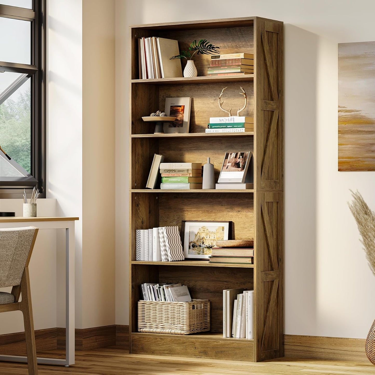 LITTLE TREE 5-Tier Tall Bookcase, 70.8" Farmhouse Wooden Open Bookshelf, Standing Display Shelves for Living Room, Bedroom, Home Office, Rustic Brown