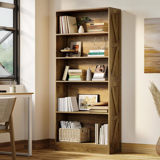 LITTLE TREE 5-Tier Tall Bookcase, 70.8" Farmhouse Wooden Open Bookshelf, Standing Display Shelves for Living Room, Bedroom, Home Office, Rustic Brown