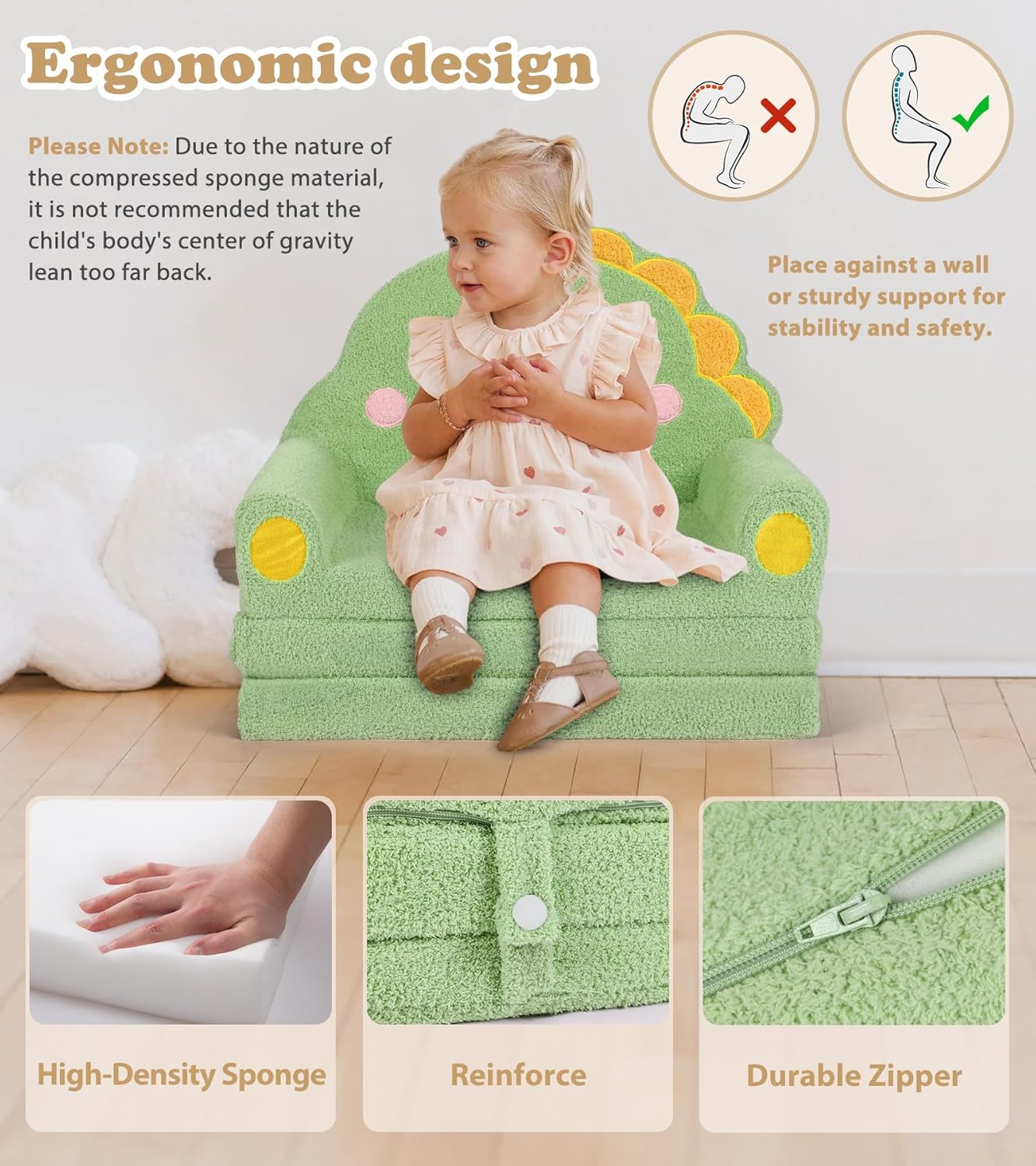 Kids Couch, 2-in-1 Soft Toddler Couch Fold Out with Blanket, Chair Comfy, Foldable Convertible Plush Sofa to Lounger, Gifts for Kids Girl Boys, Dinosaur