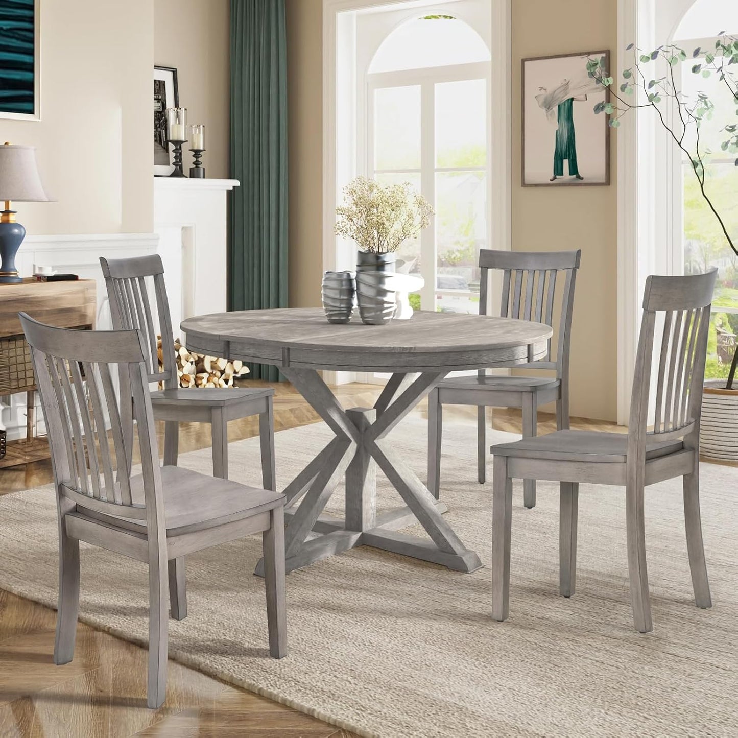 COLAMY Wooden Dining Chairs Set of 2, Spindle High Back Windsor Kitchen Side Chair, Farmhouse Dining Chairs for Kitchen and Dining Room, Light Grey