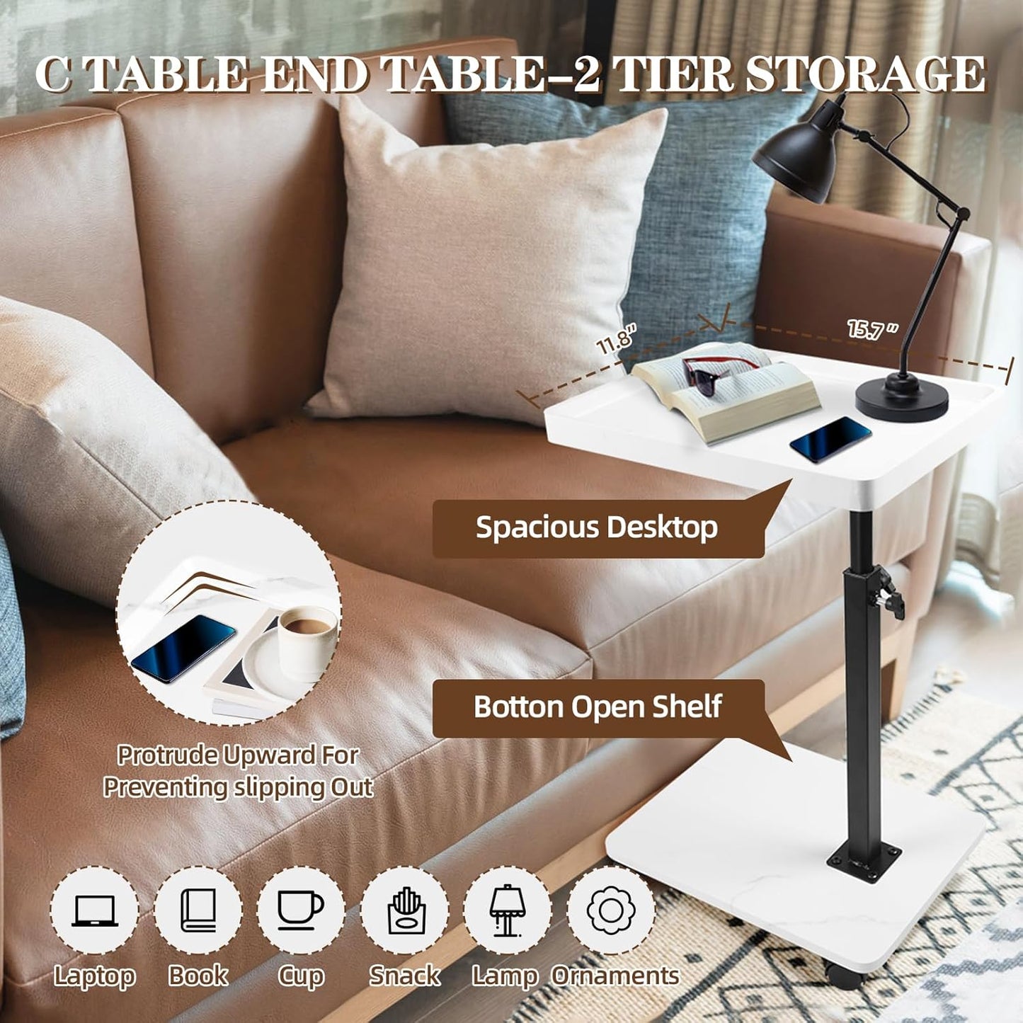 C Table Side Table End Table Adjustable Height，C Shaped End for Couch，Snack Tables,360°Swivel TV Tray Sofa Table， For Small Spaces，Side Tables living room and bedroom for Sofa, Bed,Chair(White)