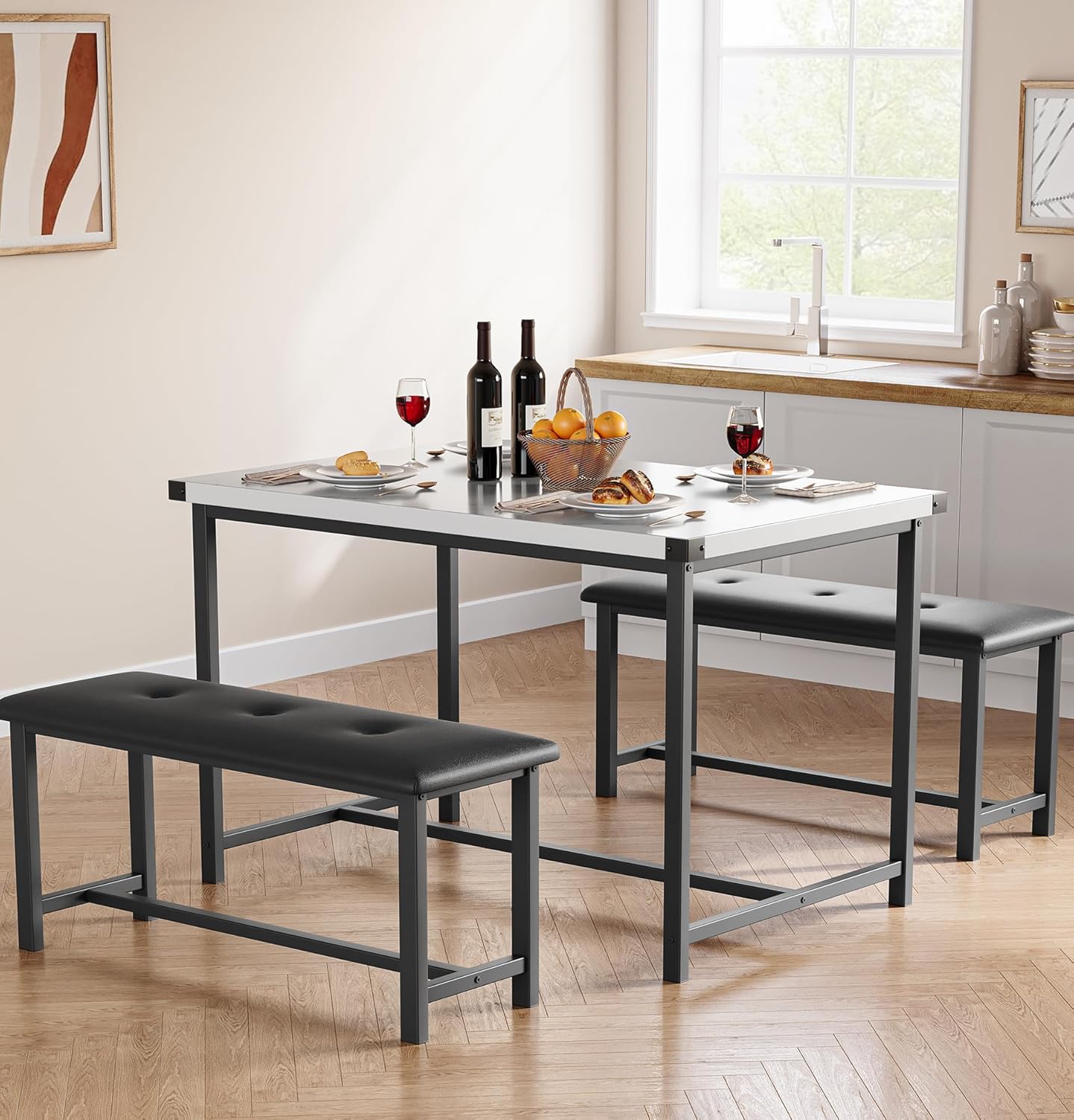 Dining Table Set for 4, Kitchen Table with 2 Upholstered Benches, 3-Piece Dining Room Set for Kitchen, Apartment and Small Spaces, Marble White