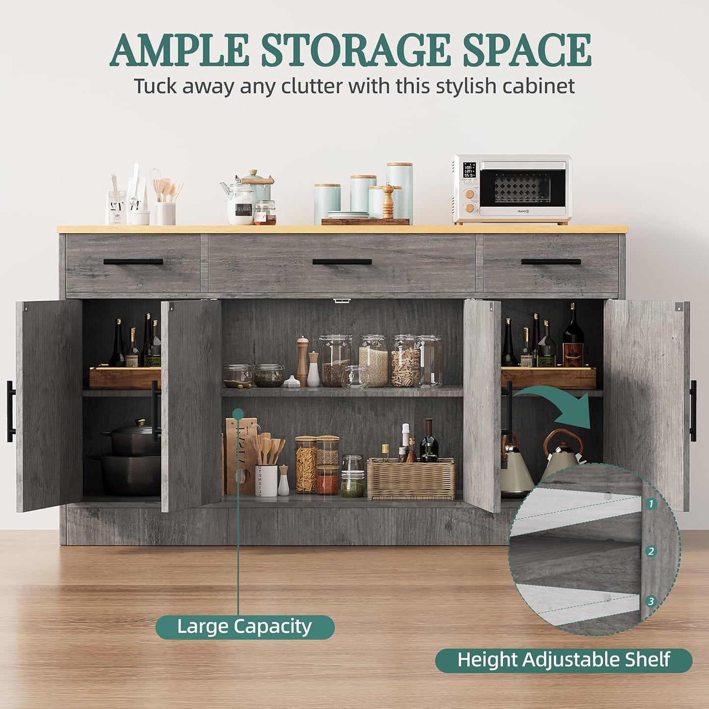 Shintenchi Sideboard Buffet Cabinet with Storage,53.4" Large Kitchen Buffet Storage Cabinet with 3 Drawers and 4 Doors,Wood Farmhouse Sideboard with Adjustable Shelf for Kitchen, Living Room,Grey