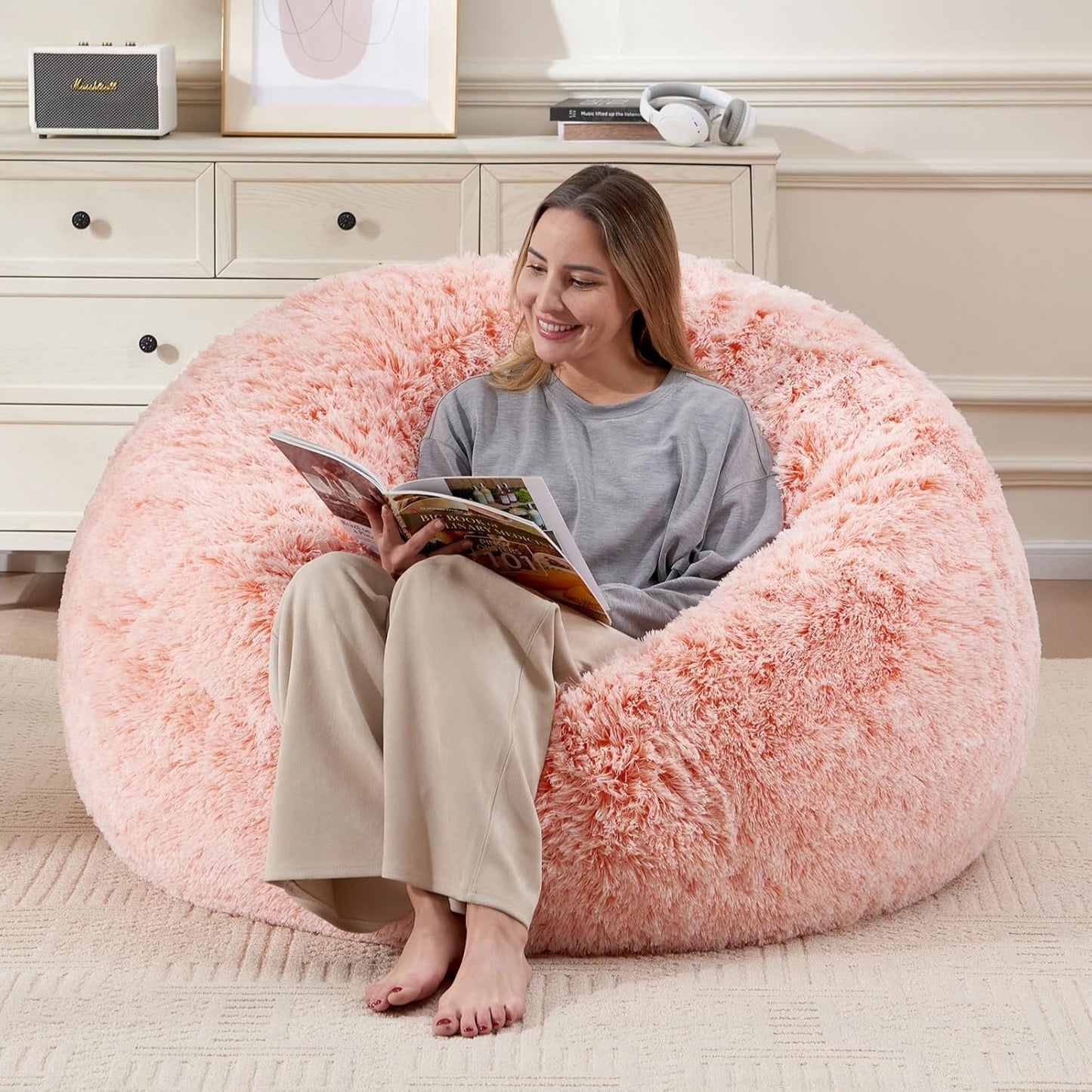 Bean Bag Cover(No Filler), Faux Fur Comfy Bean Bag Chairs for Adults, Washable Bean Bag Chair Cover, Fluffy Plush Giant Bean Bags Chairs for Teens Kids Girls, Anti-Slip, 5FT, Orange