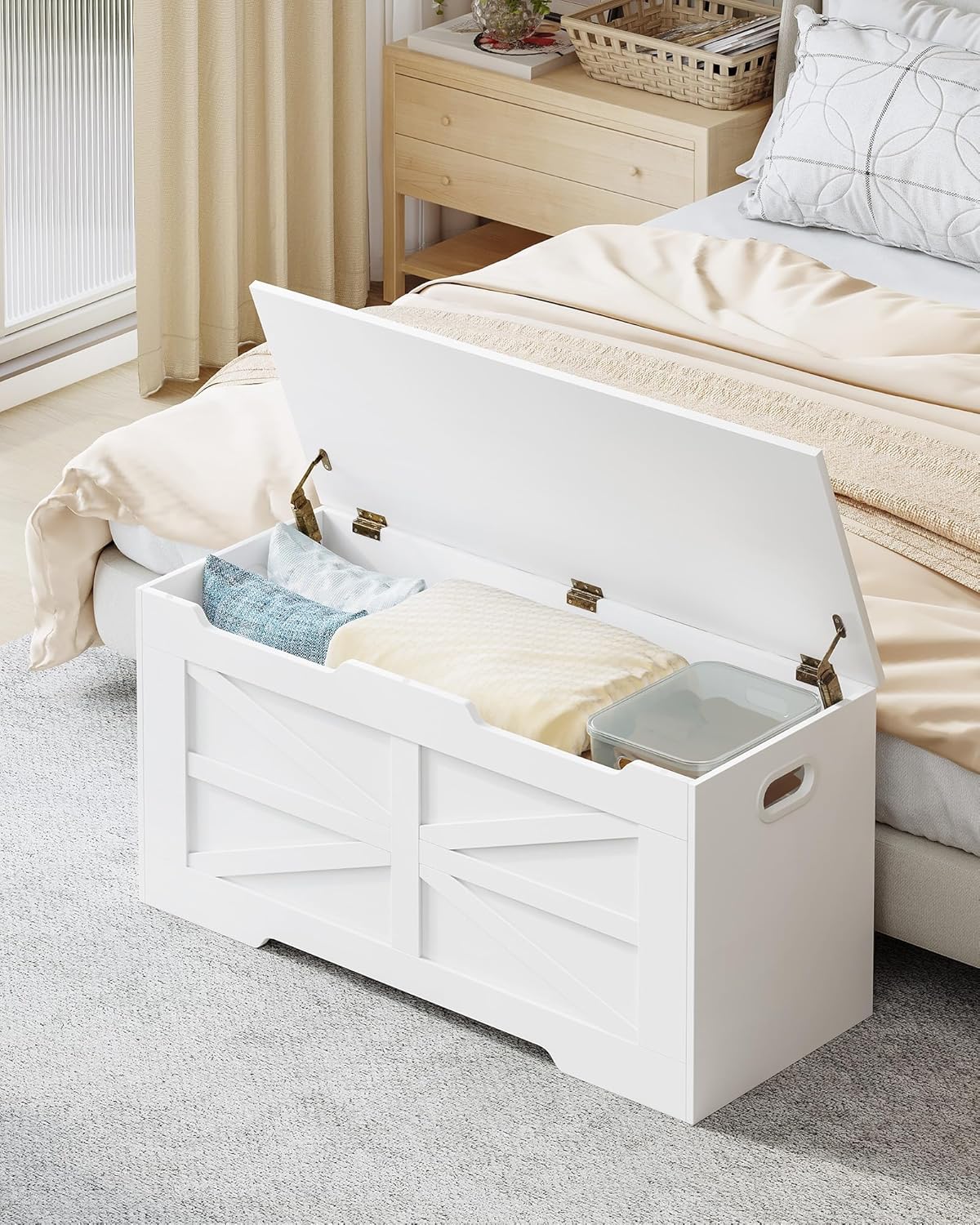 39.4" Storage Chest, Extra Large Storage Trunk with 2 Safety Hinges, Wooden Box Bench, Lift-Top Organizer Chest, Shoe Bench for Entryway, Bedroom, Living Room, White SB03403X