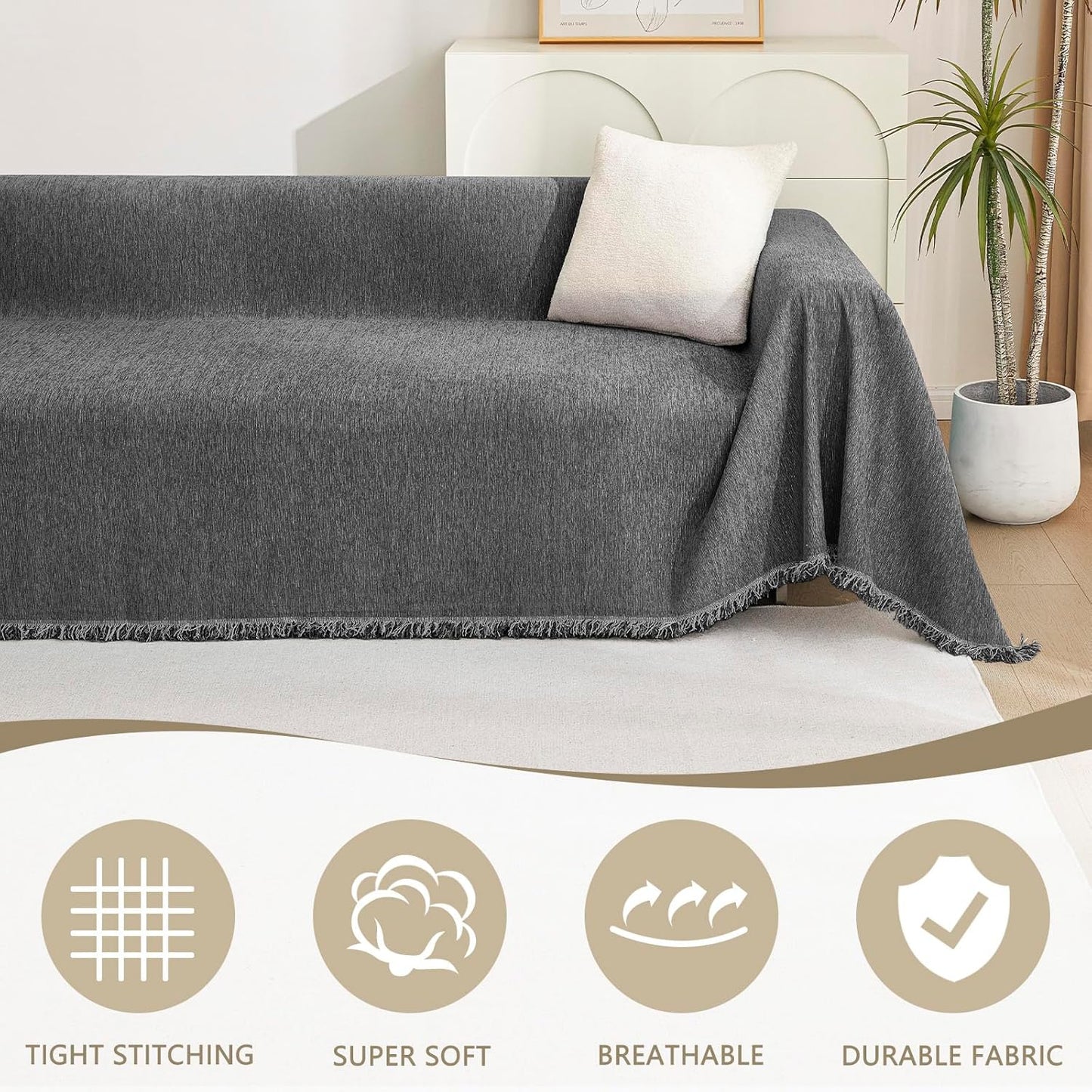 MYSKY HOME Boho Couch Cover Charcoal Gray Sofa Covers with Tassel Farmhouse Sofa Slipcover Simple Couch Protector for Dogs Chenille Sectional Couch Covers L Shaped Couch Cushion Covers, 91"x 134"