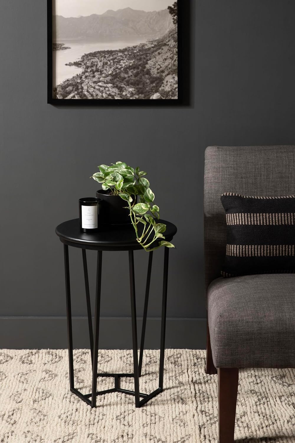 Kate and Laurel Solvay Round Metal and Wood Side Table; 16 x 16 x 24; Black; Modern Bedroom Nightstand Table with Solid Mango Wood Tabletop and Iron Base