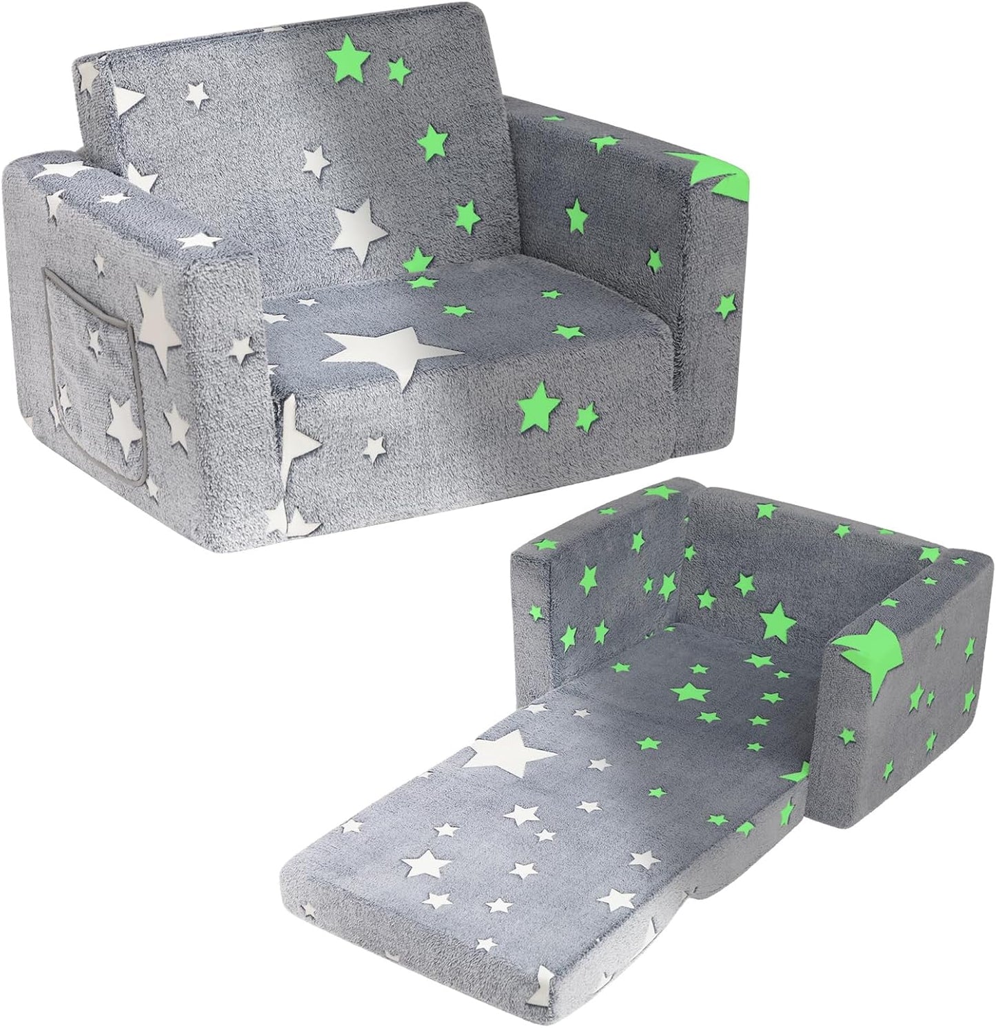 ALIMORDEN 2-in-1 Toddler Fold Out Couch, Comfy Convertible Sofa to Lounger, Glow-in-The-Dark Star Pattern Foam Seat for Little Ones with Removable Washable Cover