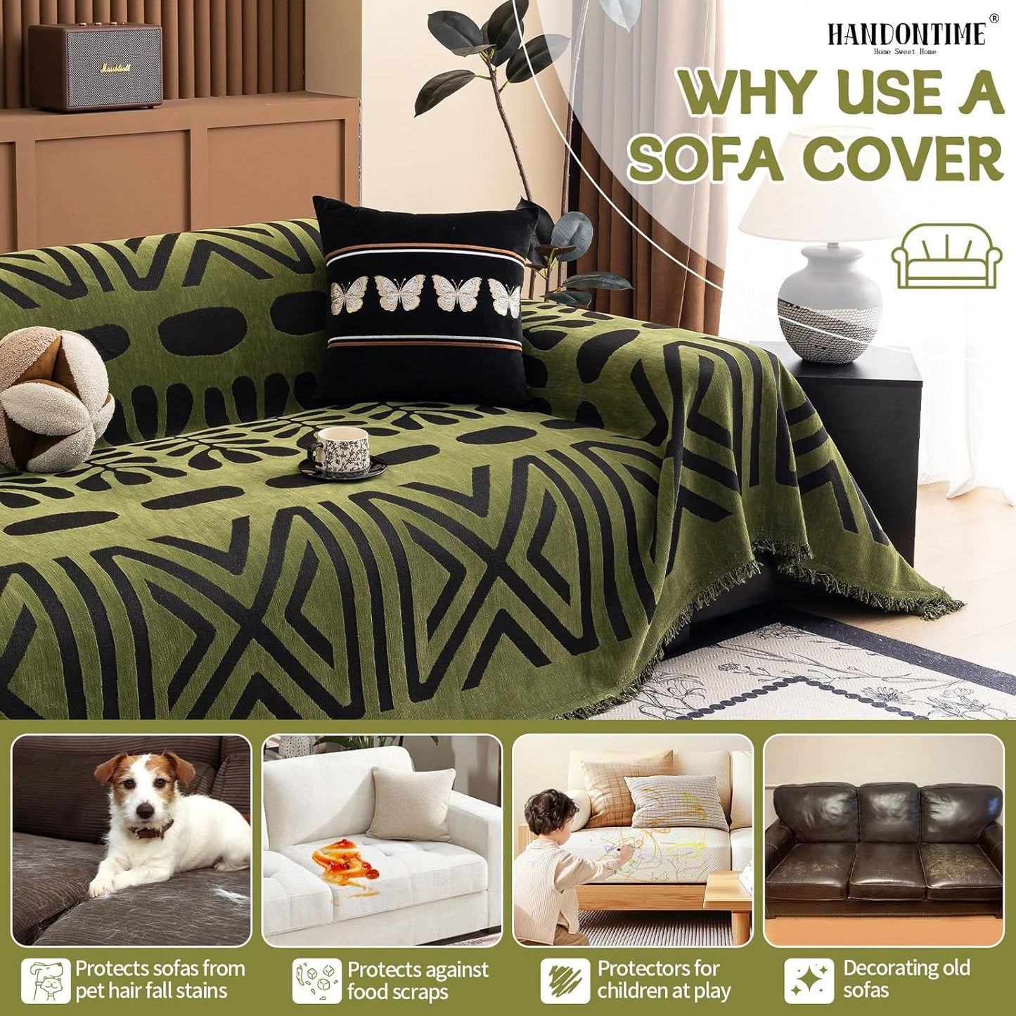 HANDONTIME Boho Couch Cover Geometric Striped Pet Covers for Couches and Sofas Olive Green and Black Dog Cover for Couch Pet Friendly Chenille Sectional Sofa Covers for Pets Washable, 71" X 134"