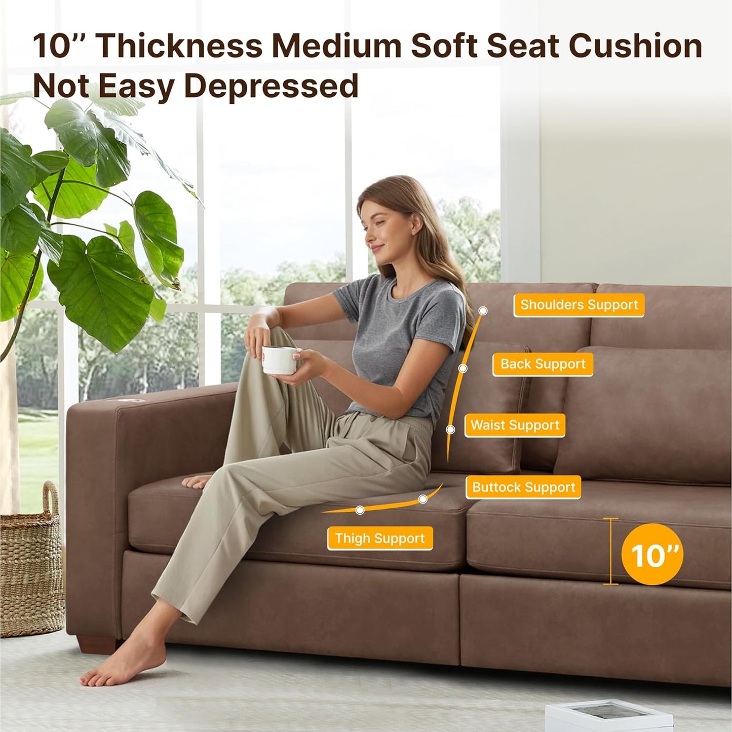 89" Sofa Couch for Living Room Faux Leather Upholstered Couch with Deep Seats and Wide Armrests 3 Seater Comfy Sofa with Cup Holders, USB & Type-C Ports, Spring Cushion, Solid Wood Frame Brown