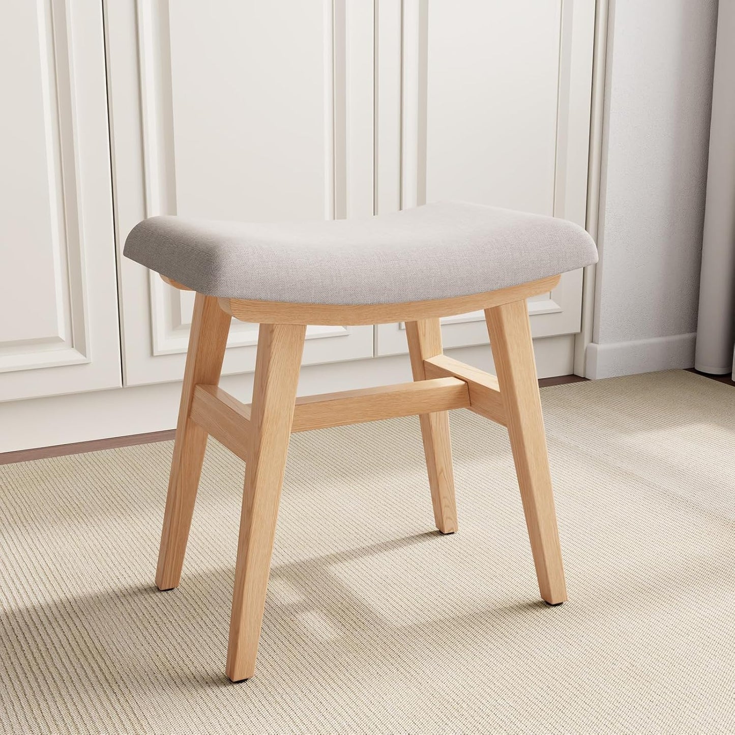 Solid Wood Small Vanity Stool, Compact Makeup Chair with Saddle Cushion, Linen-Covered High Rebound Sponge Seat, Easy Assembly Footstool for Bedroom, Entryway, Home, Natural