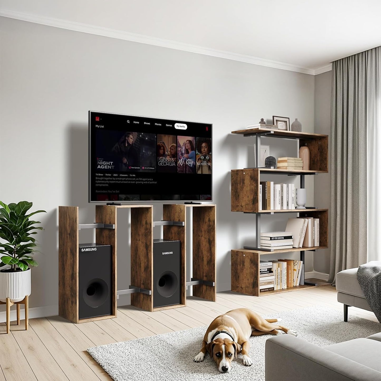 5-Tier Geometric Bookshelf, S Shaped Bookcase, 31.5" W x 58.3" H Wood Decorative Storage Shelving, Modern Freestanding Display Shelves, Tall Book Shelf Unit for Living Room Bedroom