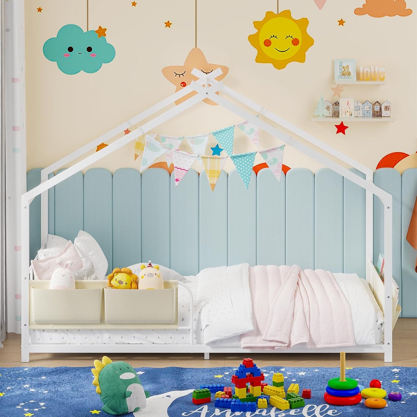 Timy House Shape Twin Size Montessori House Bed Metal Floor Bed with Caddy Twin Bedframe for Kids No Box Spring Needed White